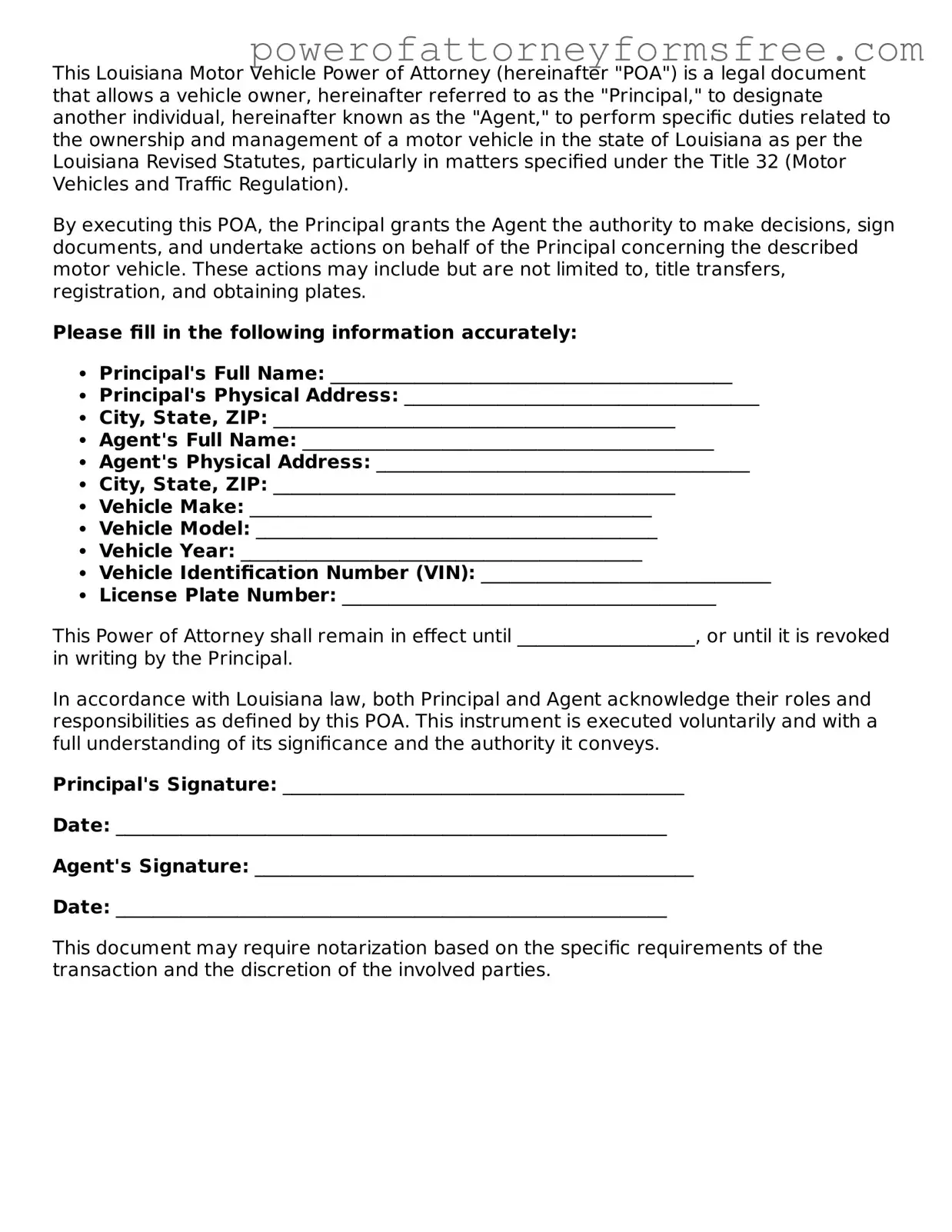 Fillable Motor Vehicle Power of Attorney Document for Louisiana State