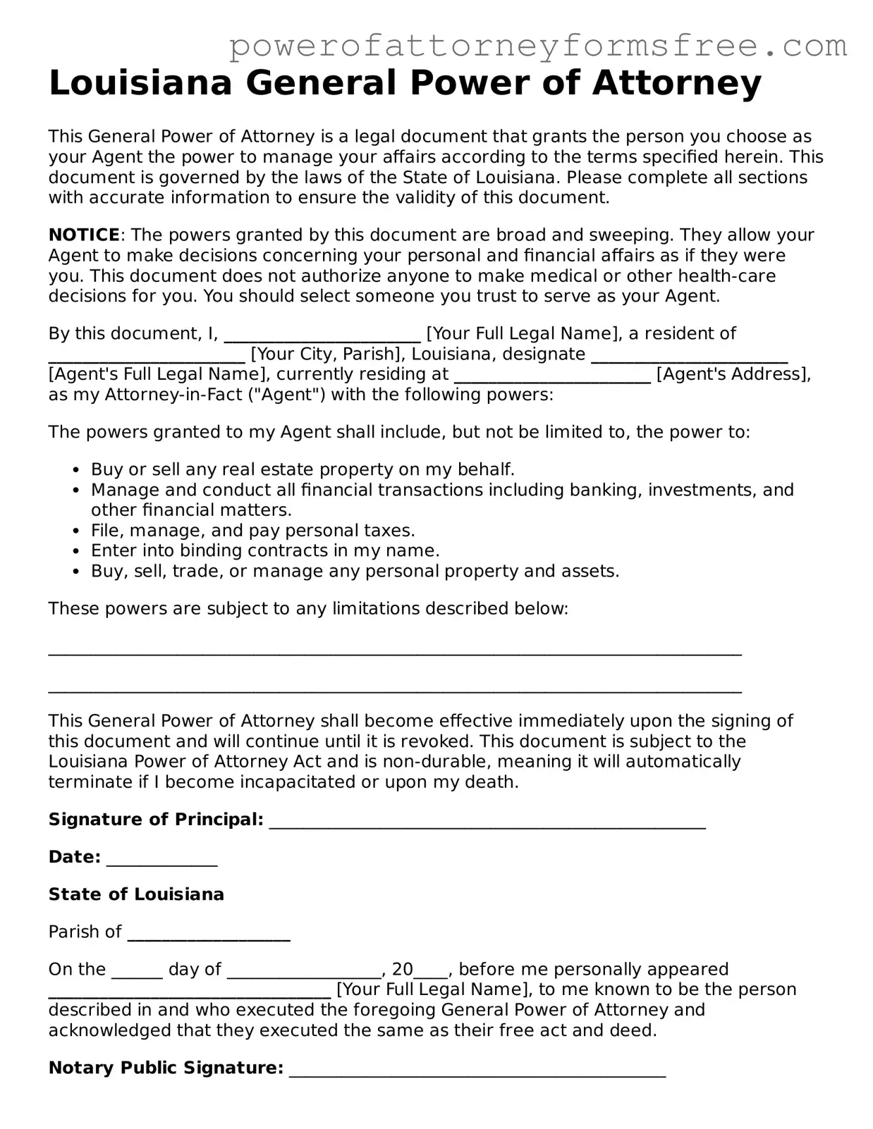 Fillable General Power of Attorney Document for Louisiana State