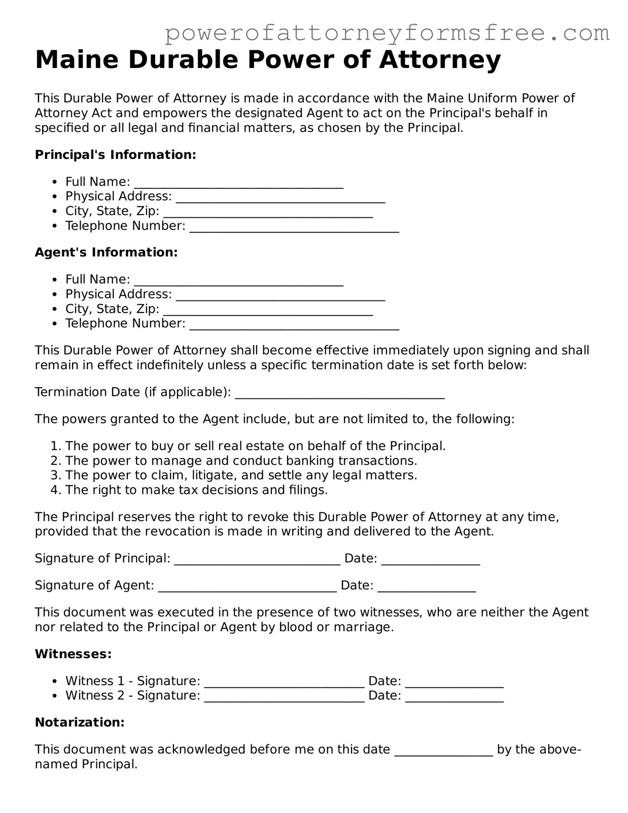 Fillable Durable Power of Attorney Document for Maine State