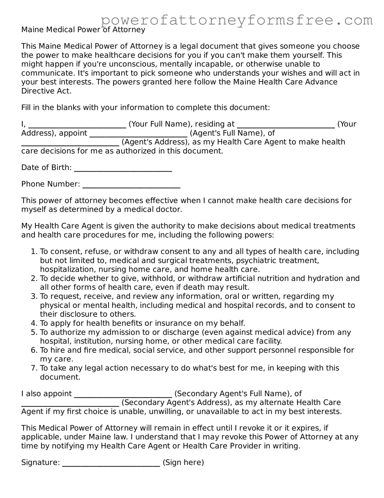 Fillable Medical Power of Attorney Document for Maine State
