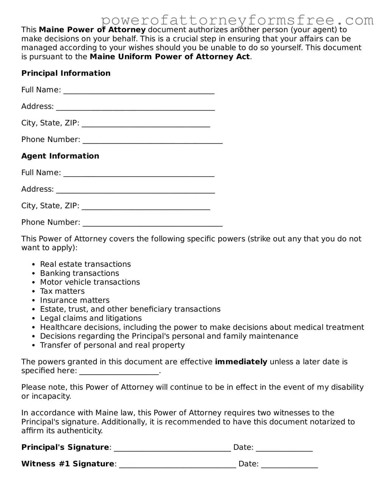 Fillable Power of Attorney Document for Maine State