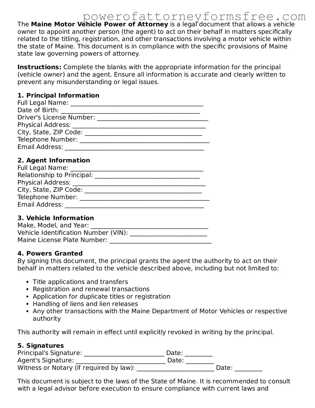 Fillable Motor Vehicle Power of Attorney Document for Maine State