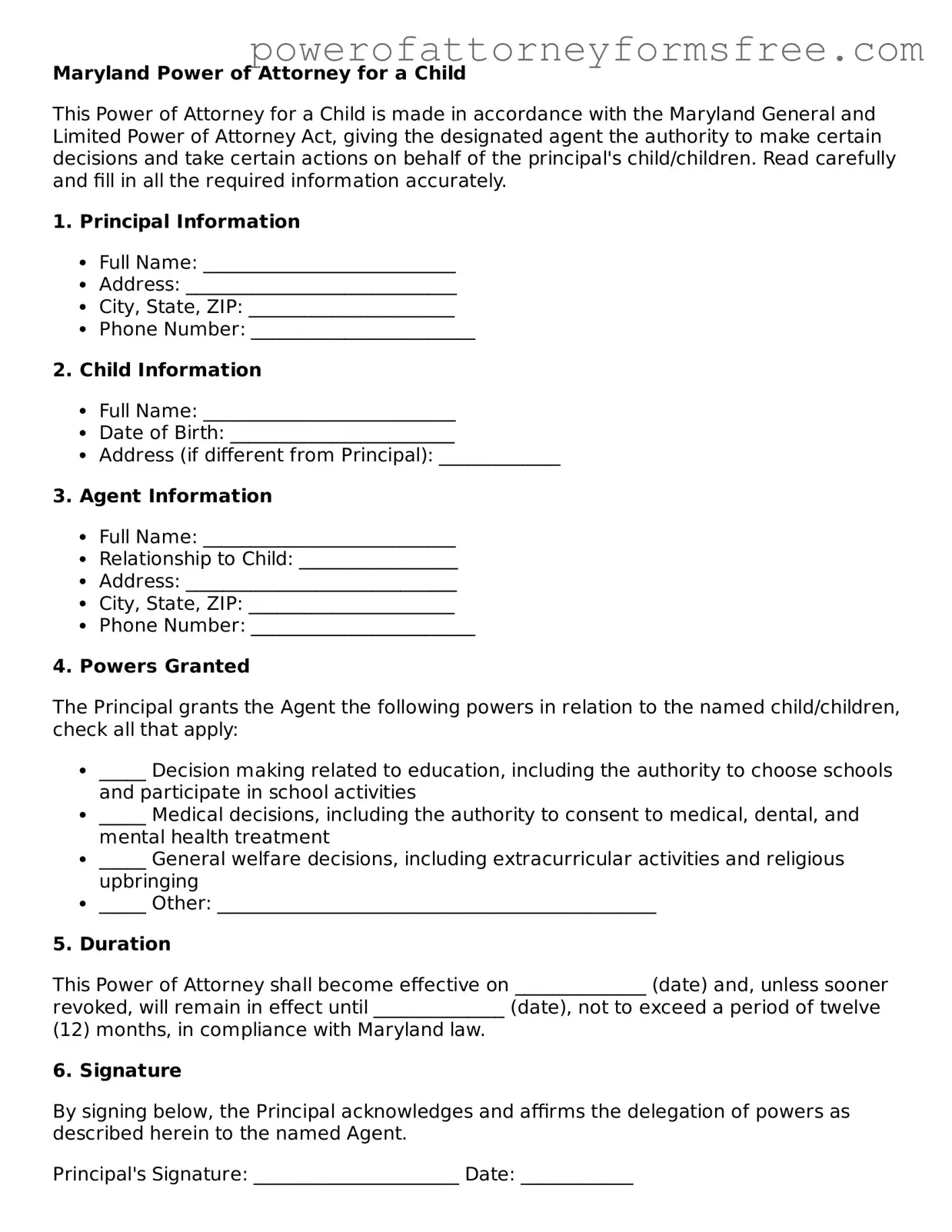 Fillable Power of Attorney for a Child Document for Maryland State
