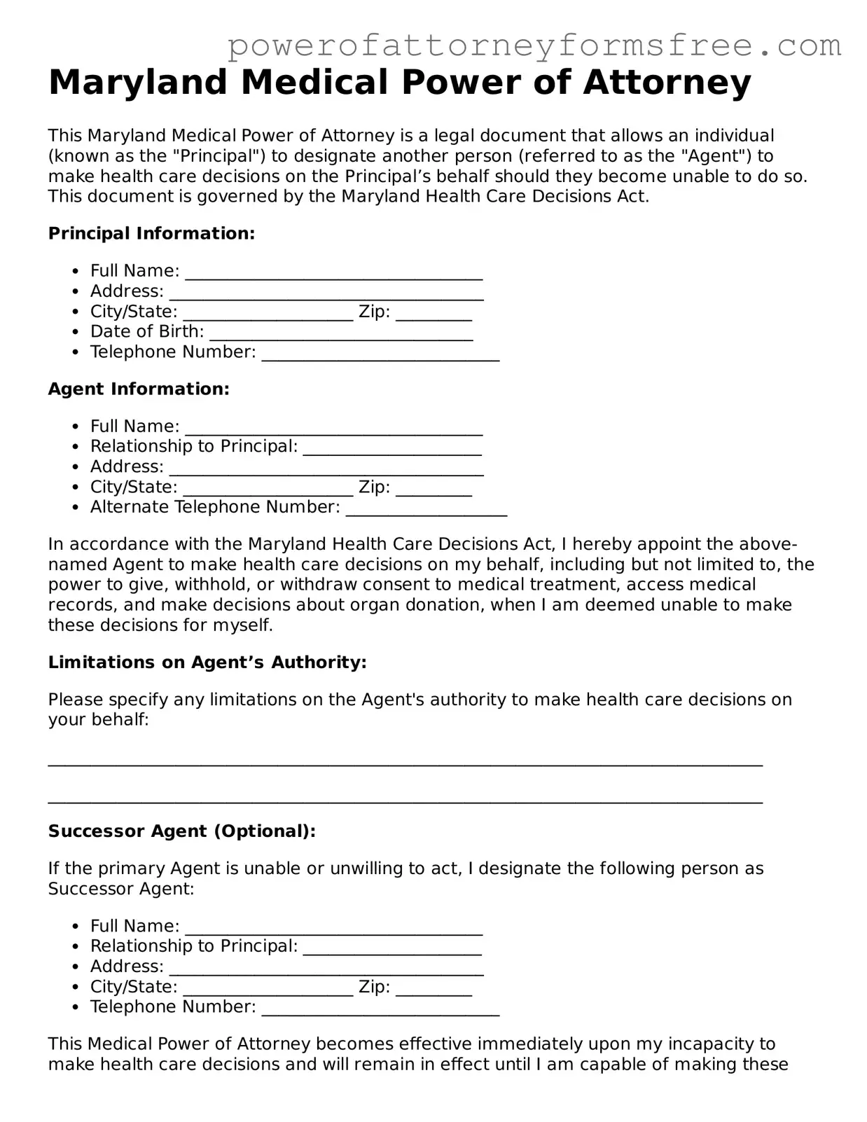 Fillable Medical Power of Attorney Document for Maryland State