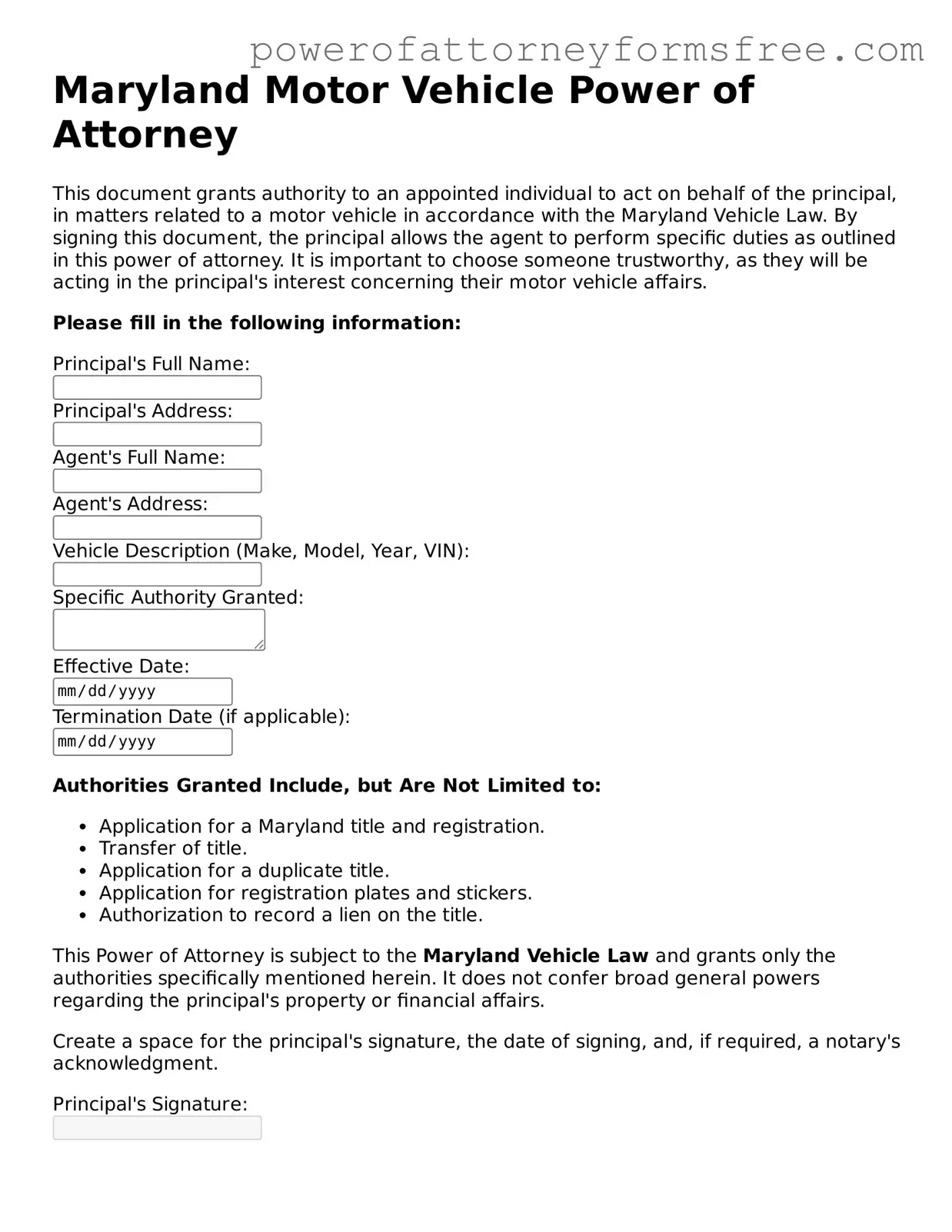 Fillable Motor Vehicle Power of Attorney Document for Maryland State
