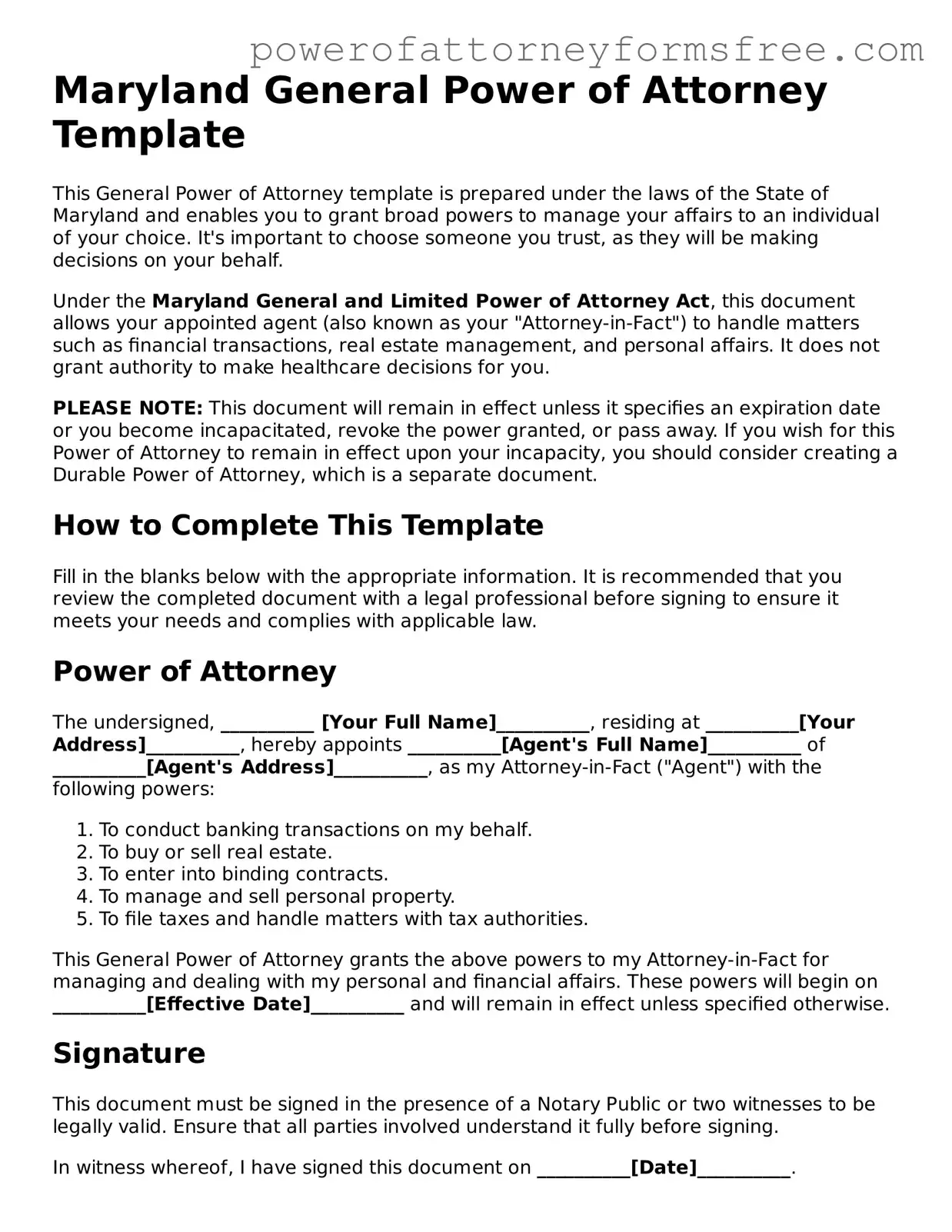 Fillable General Power of Attorney Document for Maryland State
