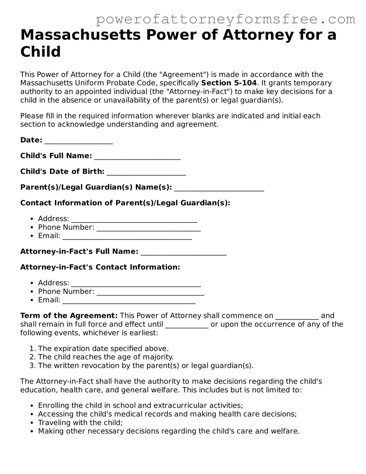 Fillable Power of Attorney for a Child Document for Massachusetts State