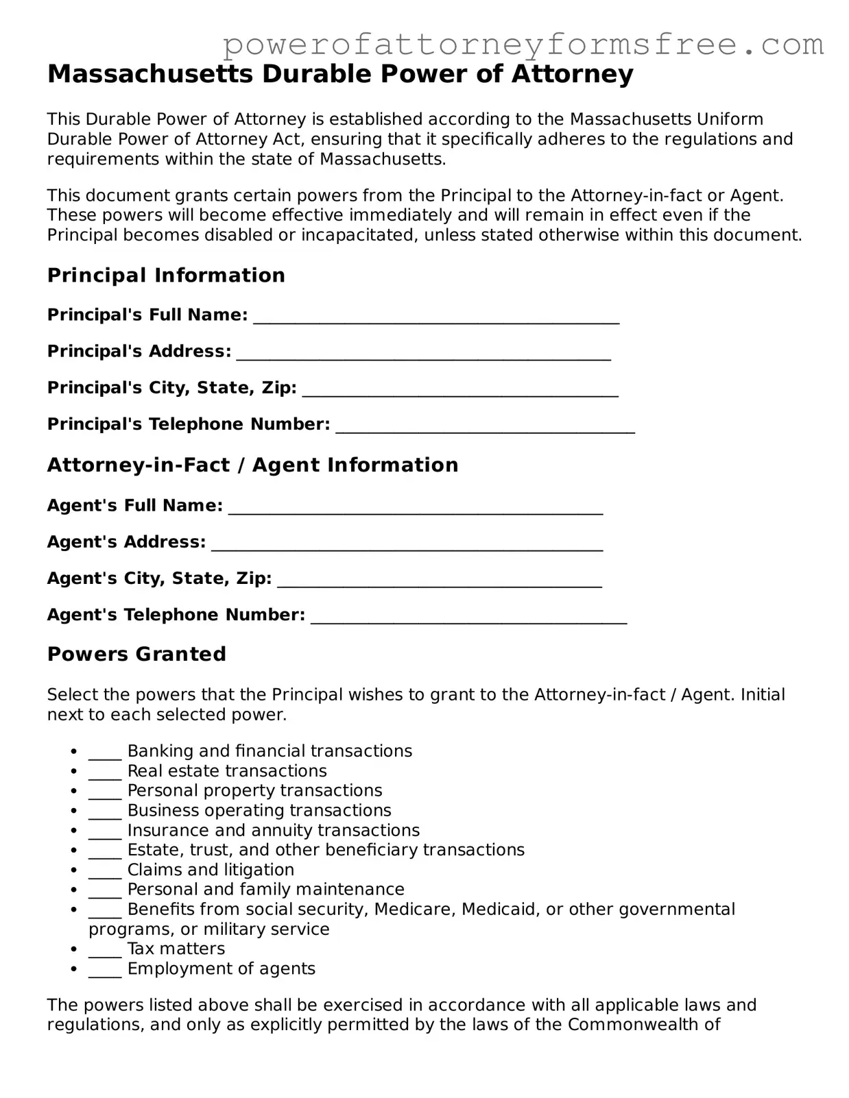 Fillable Durable Power of Attorney Document for Massachusetts State