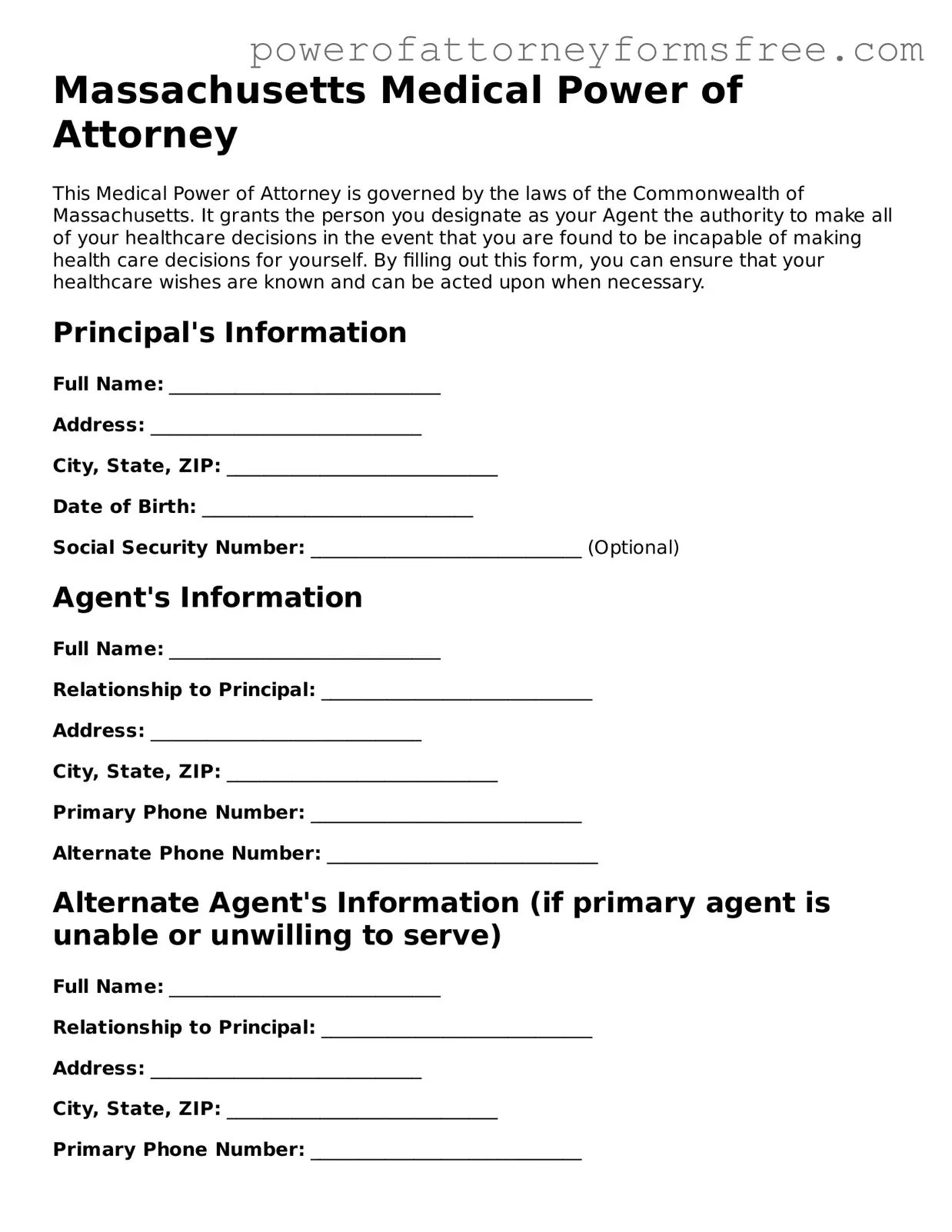 Fillable Medical Power of Attorney Document for Massachusetts State