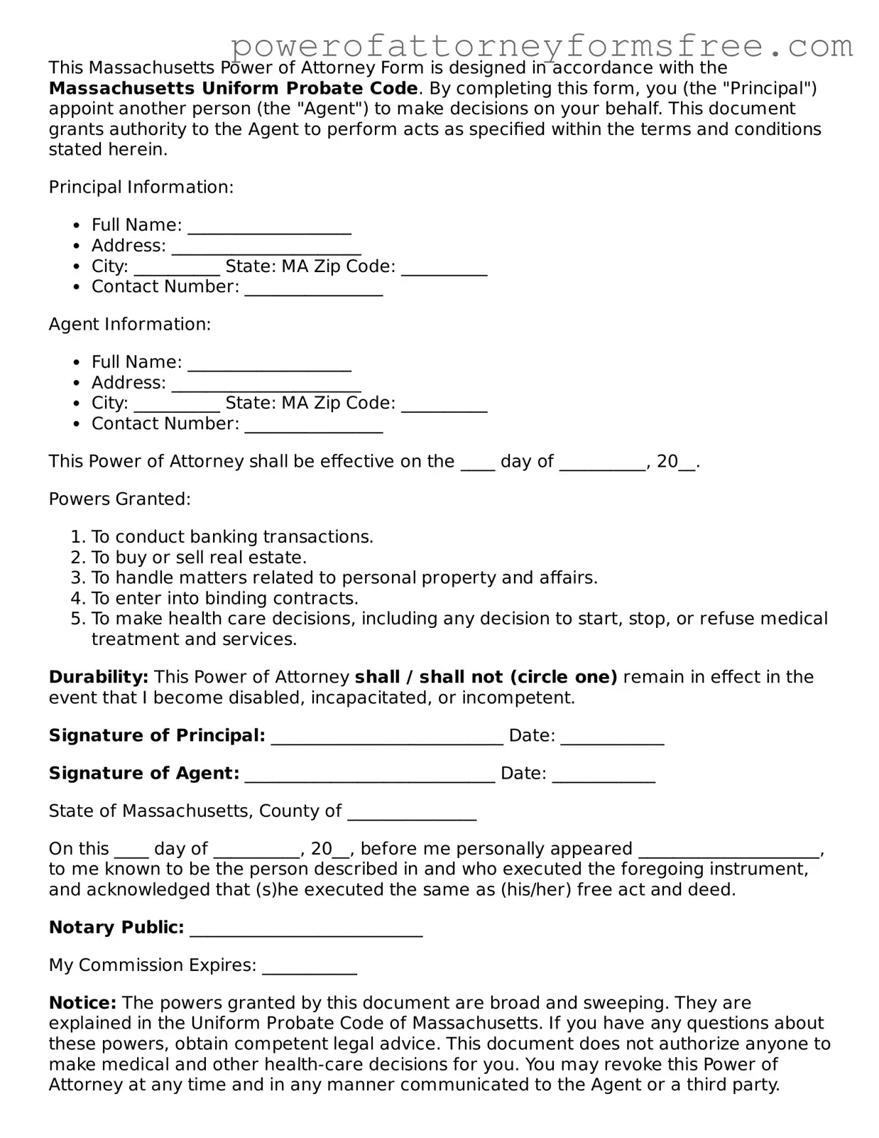 Fillable Power of Attorney Document for Massachusetts State