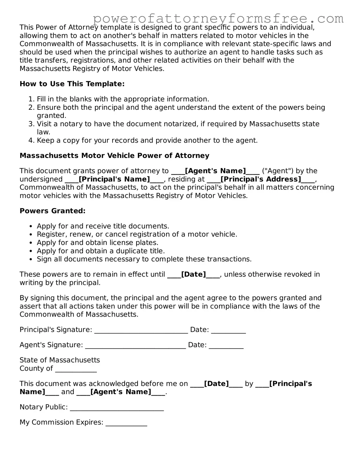 Fillable Motor Vehicle Power of Attorney Document for Massachusetts State