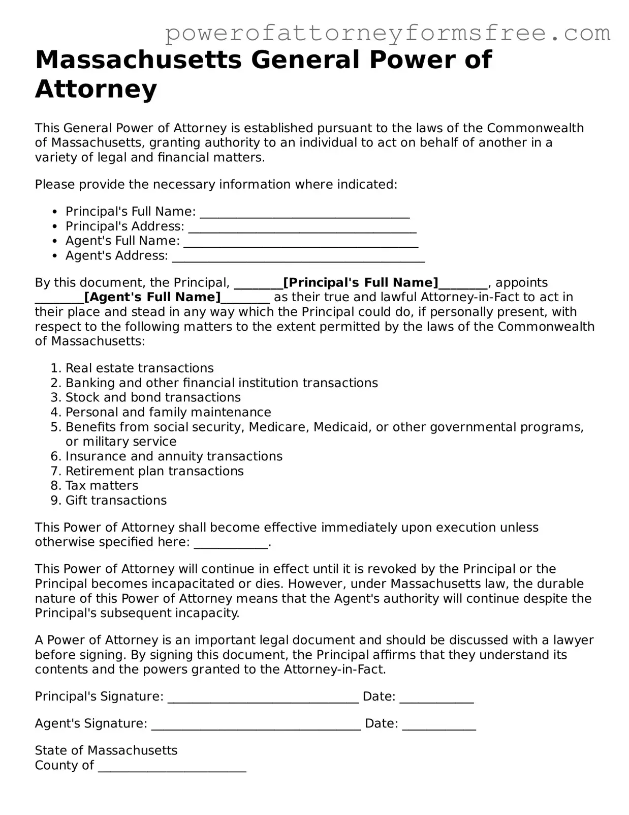 Fillable General Power of Attorney Document for Massachusetts State