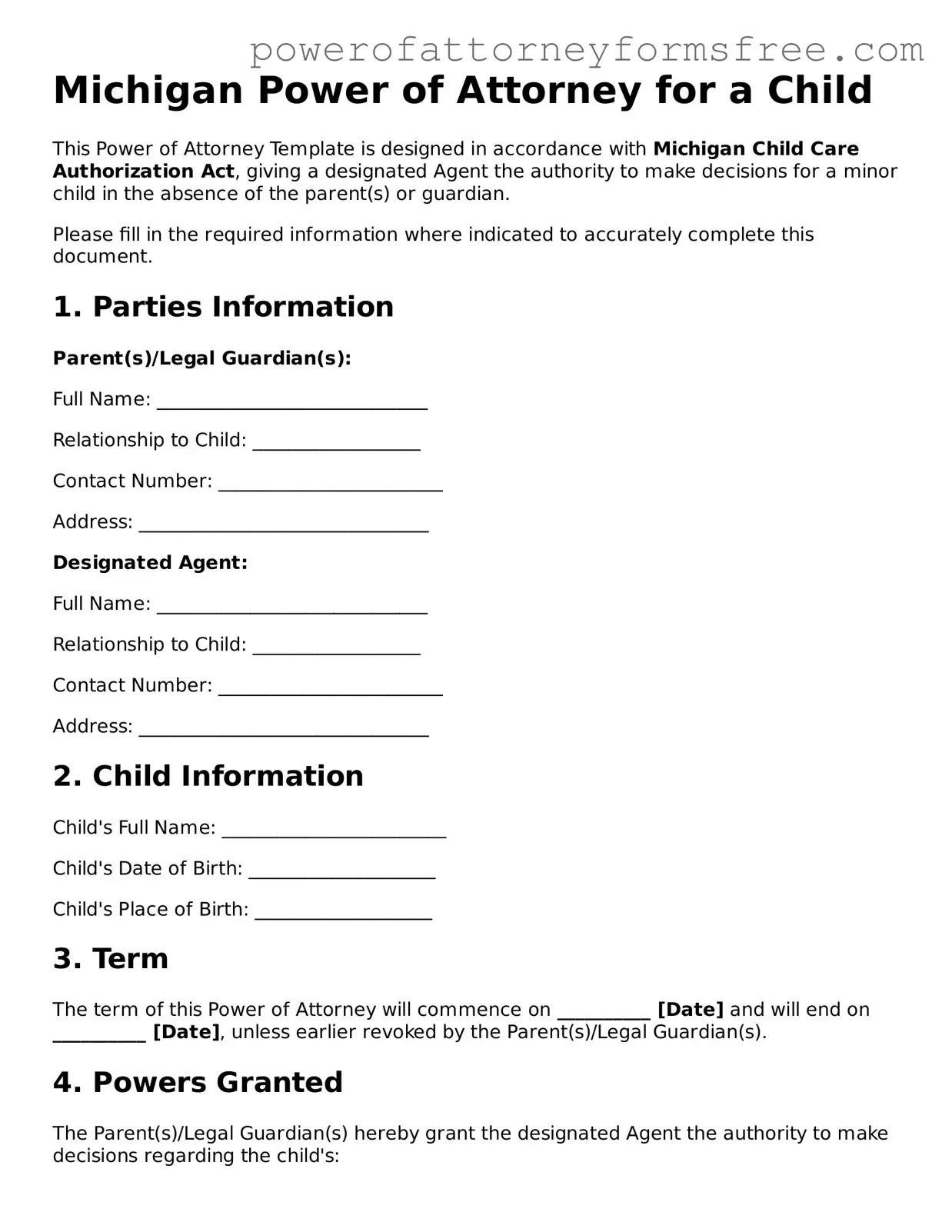 Fillable Power of Attorney for a Child Document for Michigan State