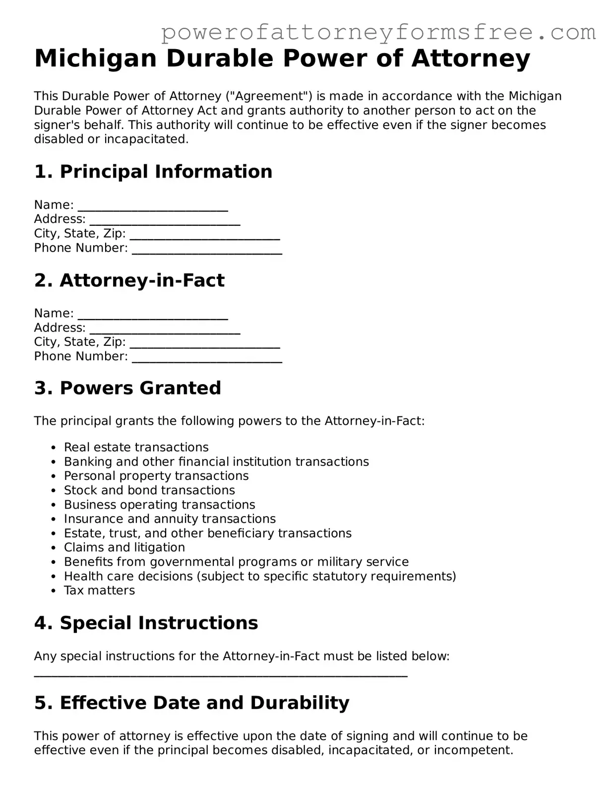 Fillable Durable Power of Attorney Document for Michigan State