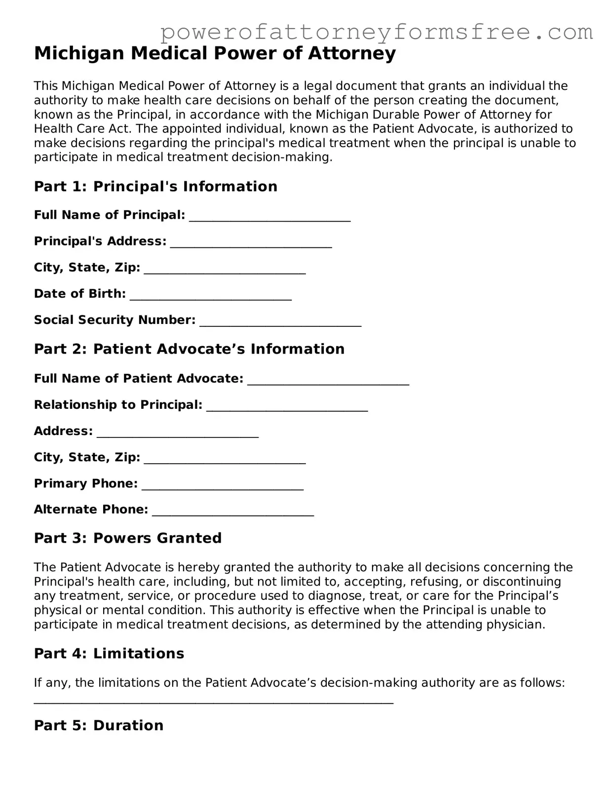 Fillable Medical Power of Attorney Document for Michigan State