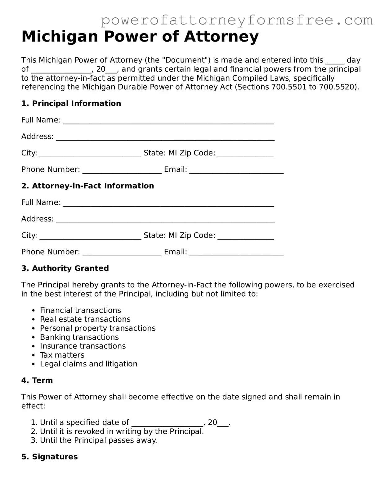 Fillable Power of Attorney Document for Michigan State