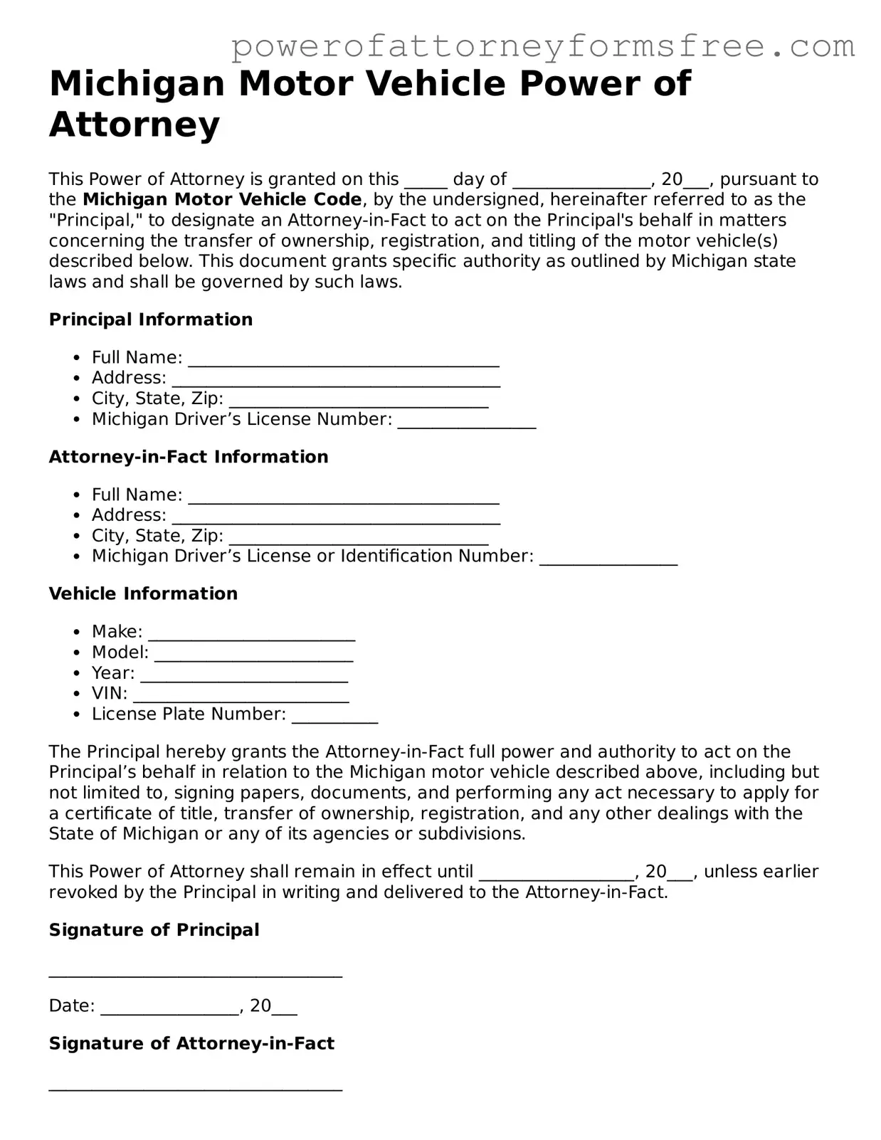 Fillable Motor Vehicle Power of Attorney Document for Michigan State