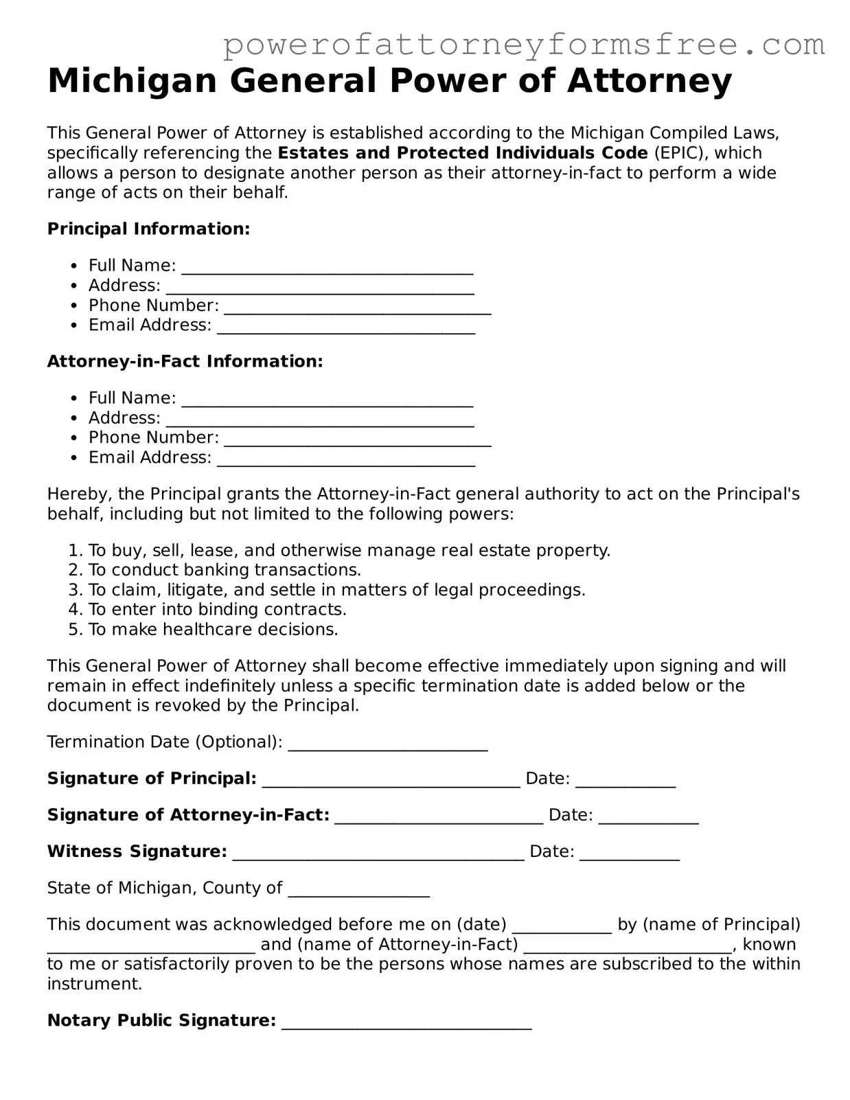Fillable General Power of Attorney Document for Michigan State