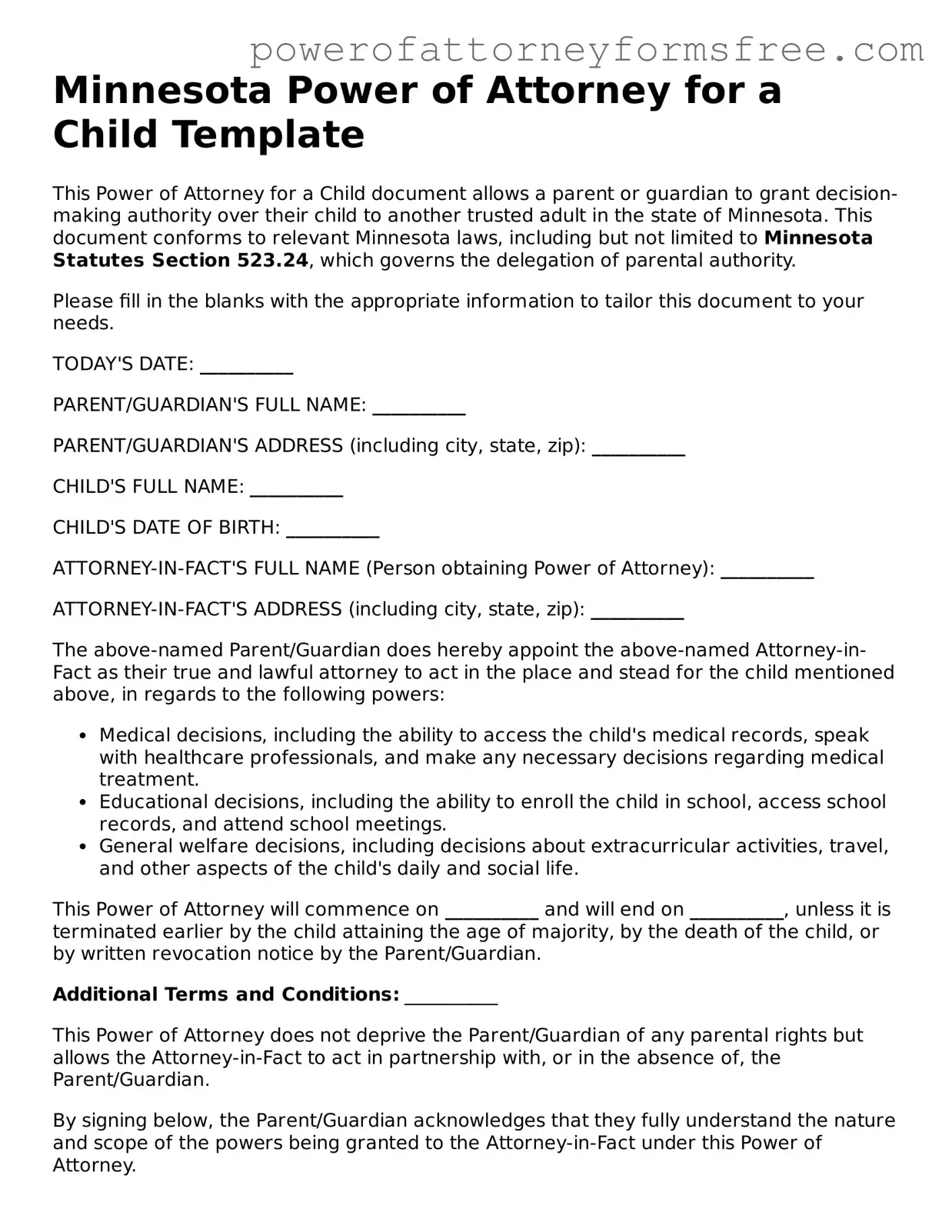 Fillable Power of Attorney for a Child Document for Minnesota State