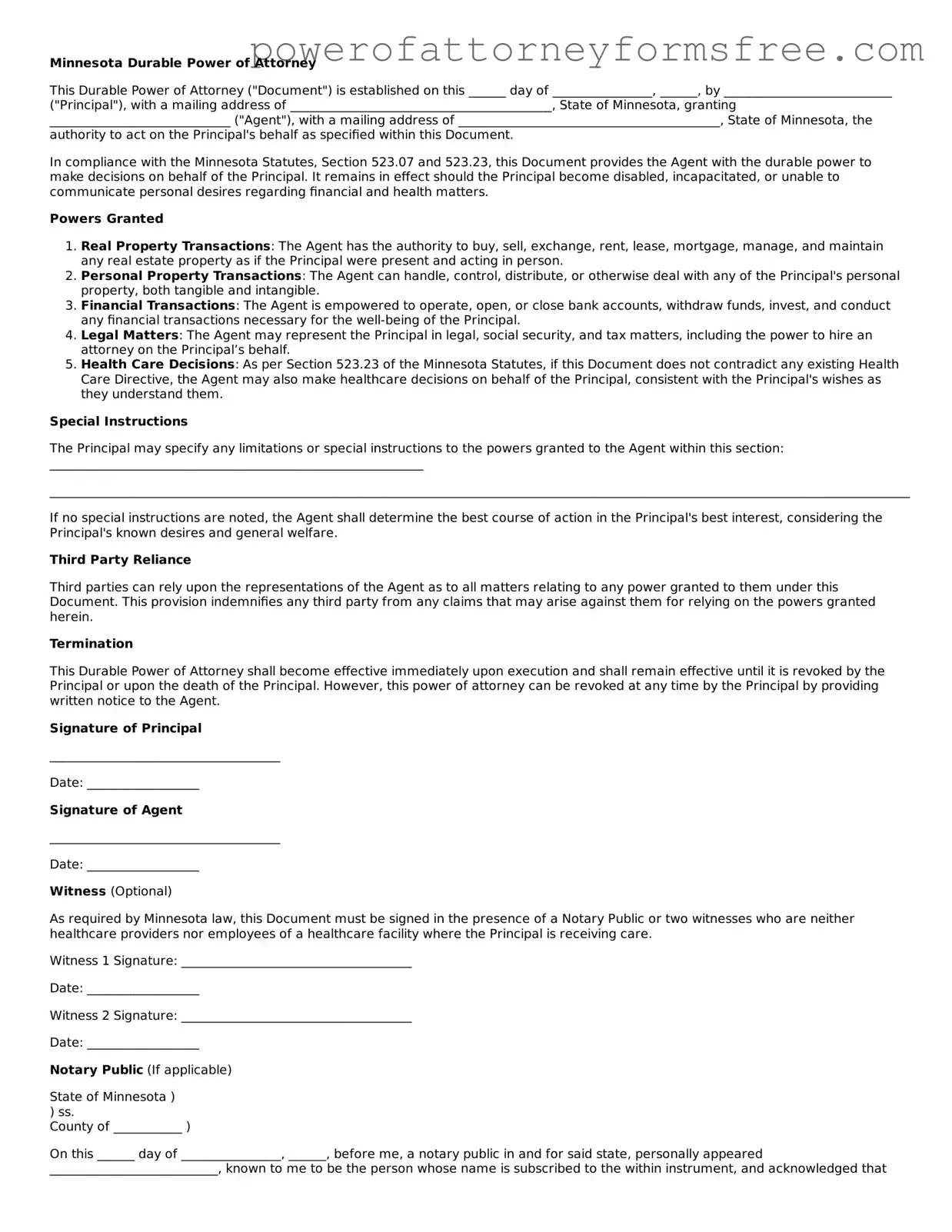 Fillable Durable Power of Attorney Document for Minnesota State