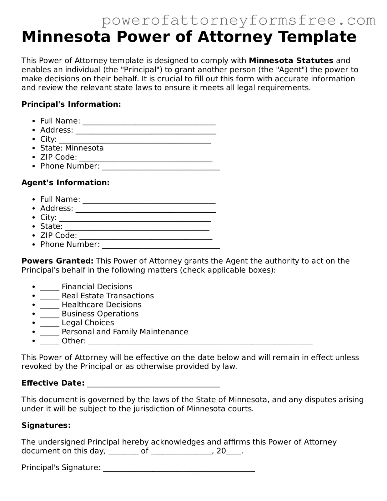 Fillable Power of Attorney Document for Minnesota State