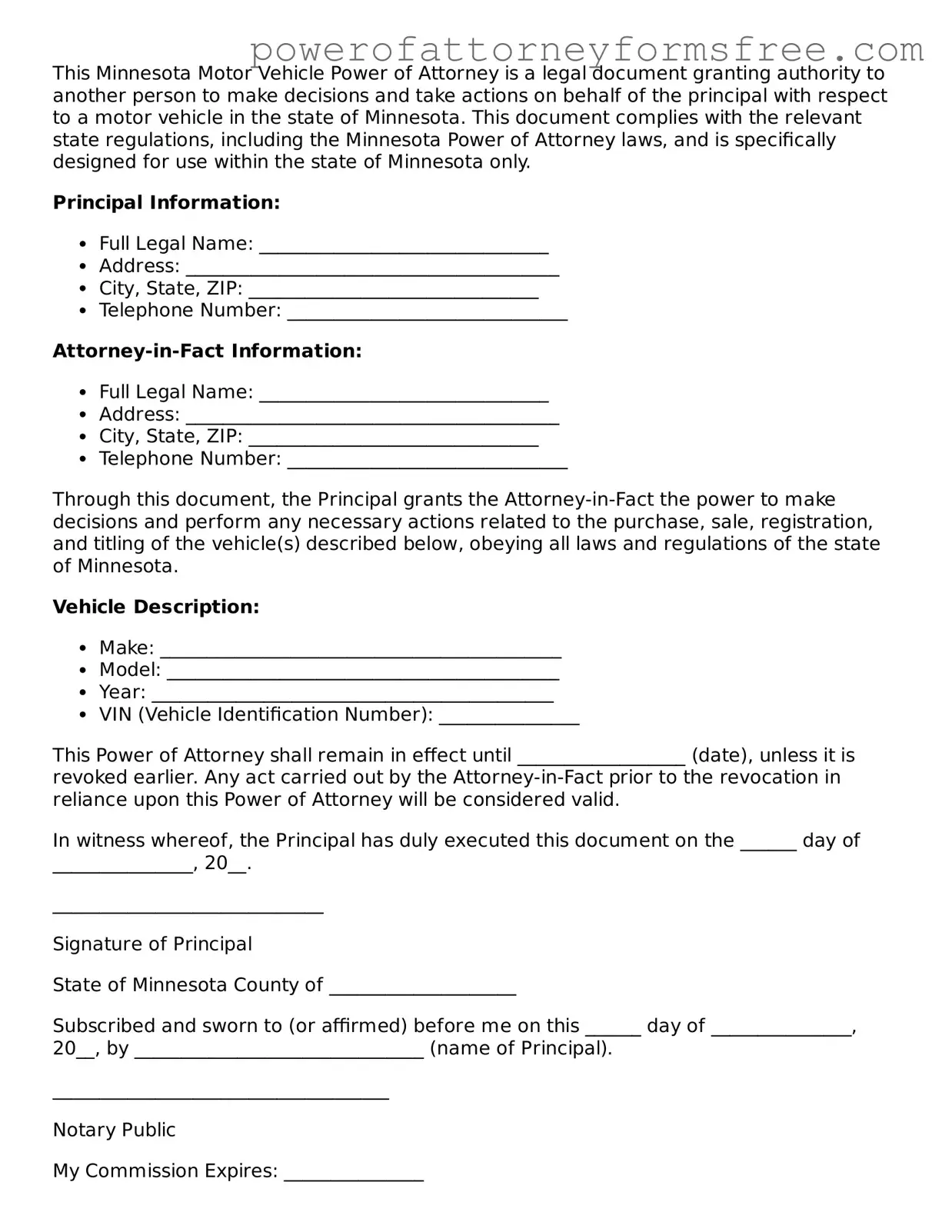 Fillable Motor Vehicle Power of Attorney Document for Minnesota State
