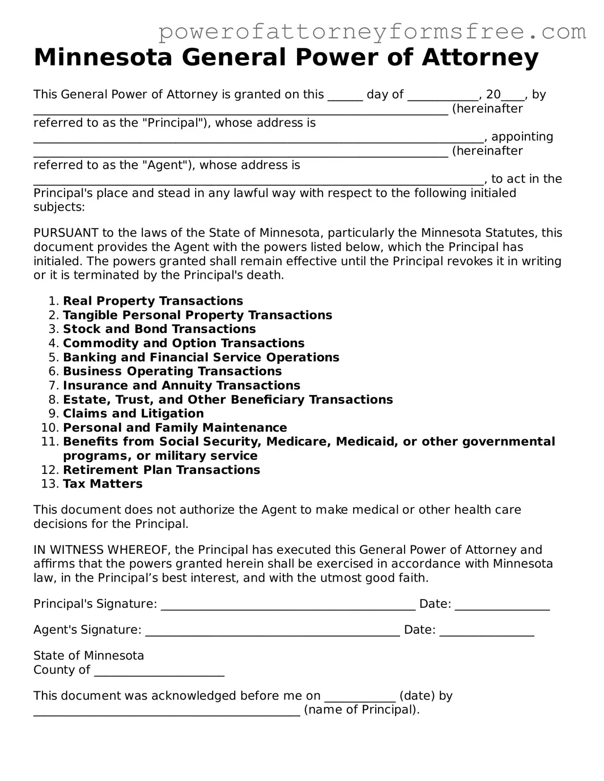 Fillable General Power of Attorney Document for Minnesota State