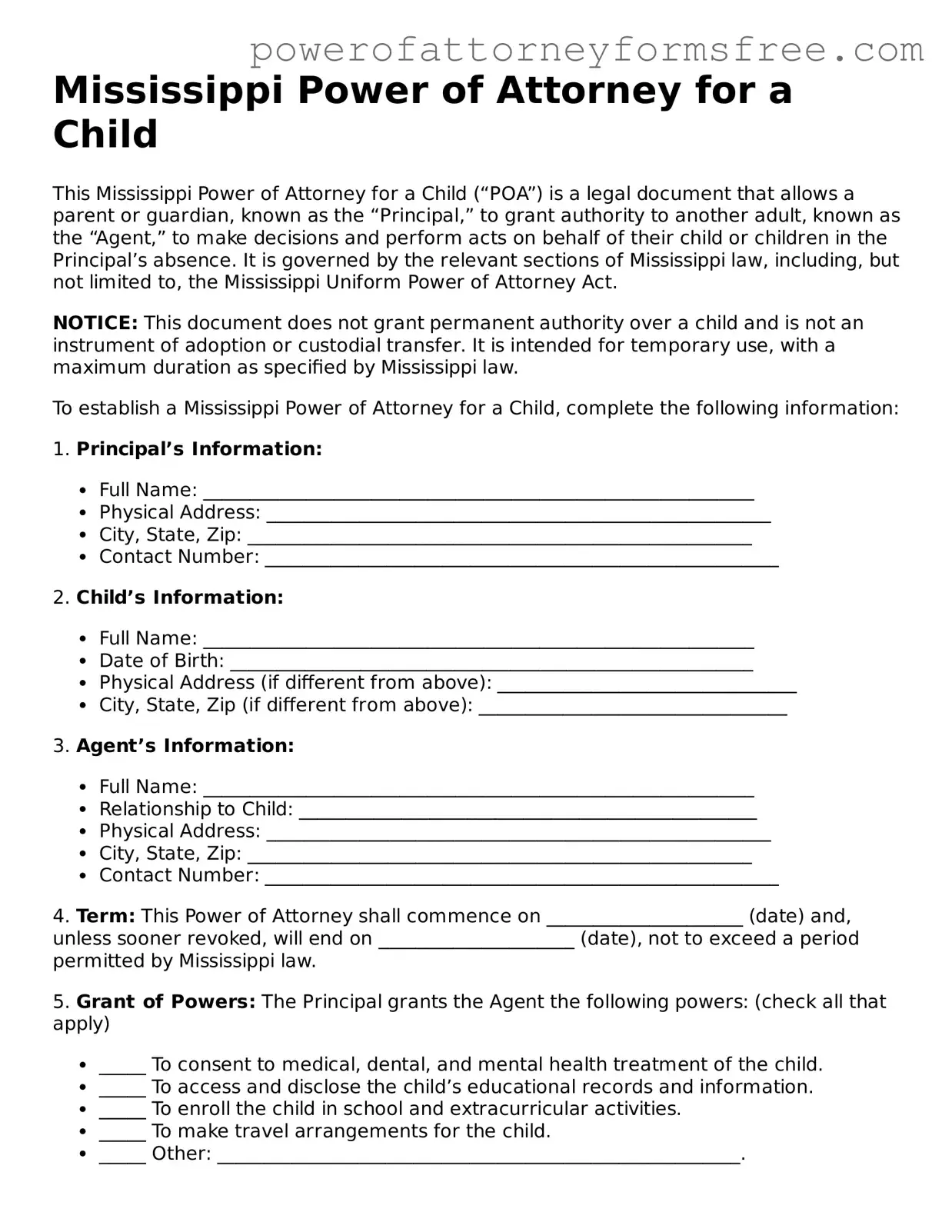 Fillable Power of Attorney for a Child Document for Mississippi State