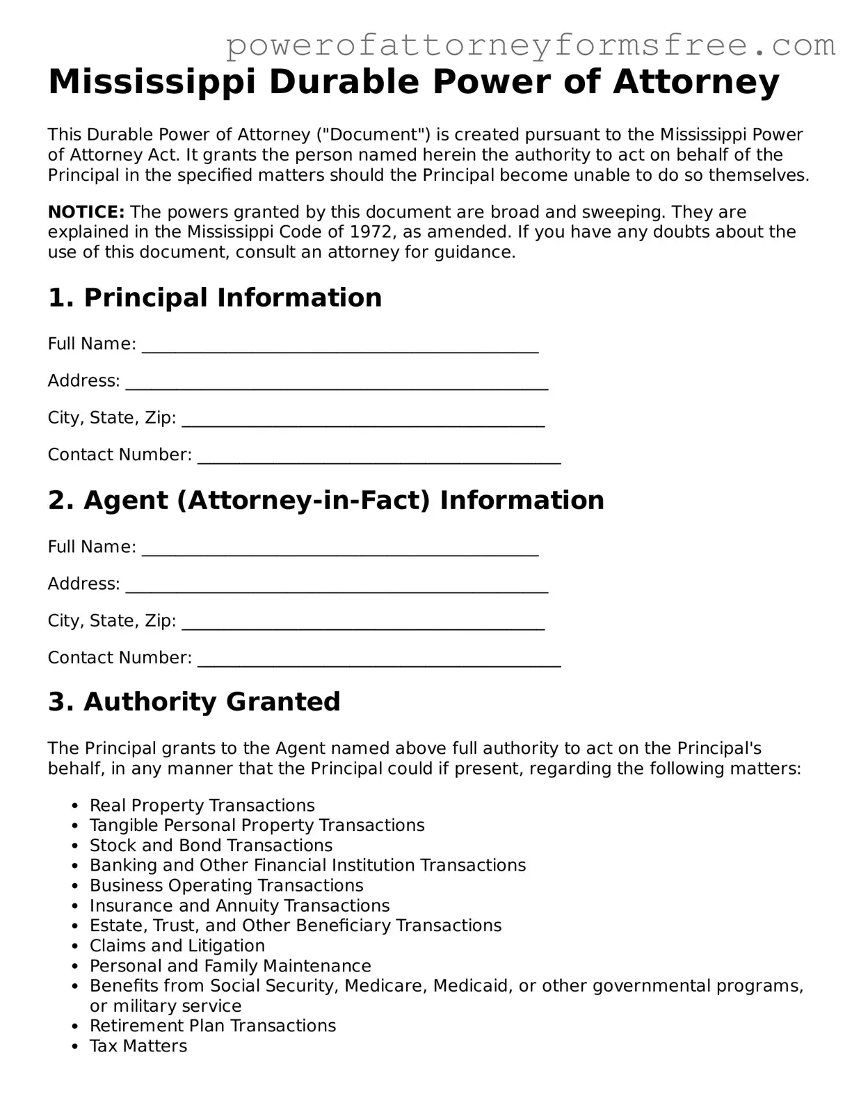 Fillable Durable Power of Attorney Document for Mississippi State