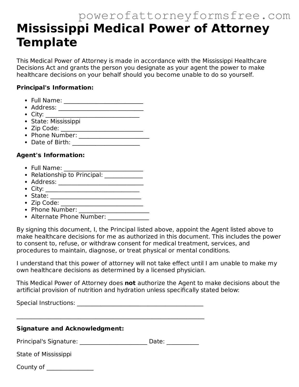 Fillable Medical Power of Attorney Document for Mississippi State
