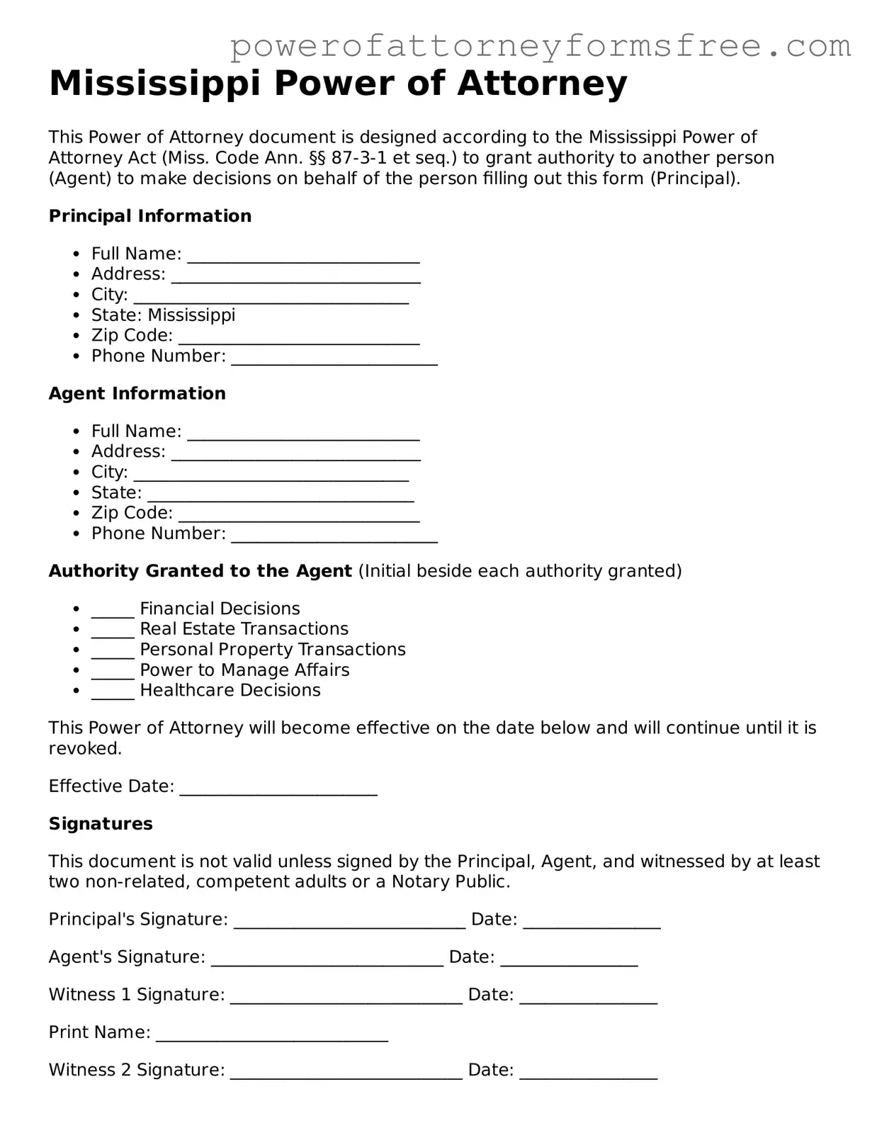Fillable Power of Attorney Document for Mississippi State