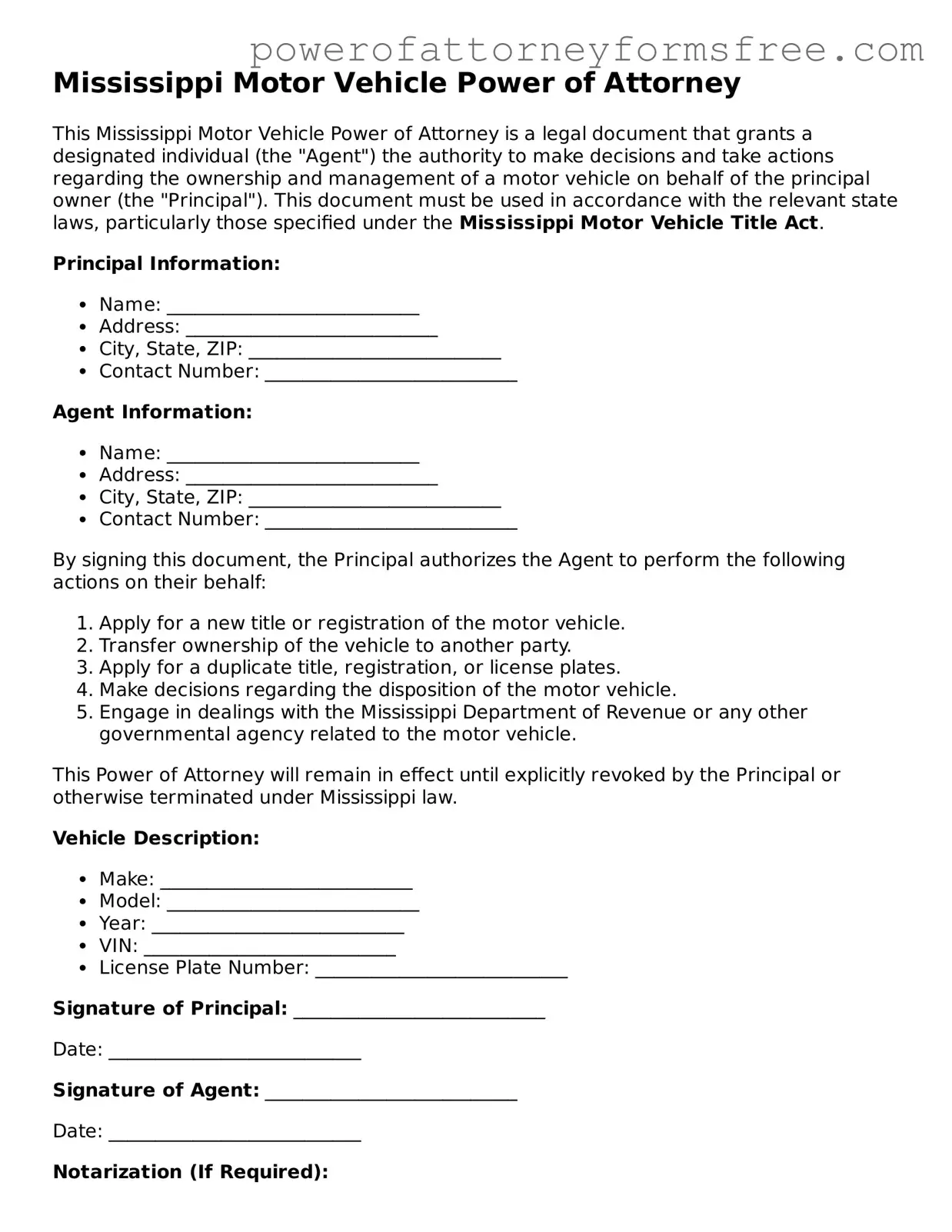 Fillable Motor Vehicle Power of Attorney Document for Mississippi State