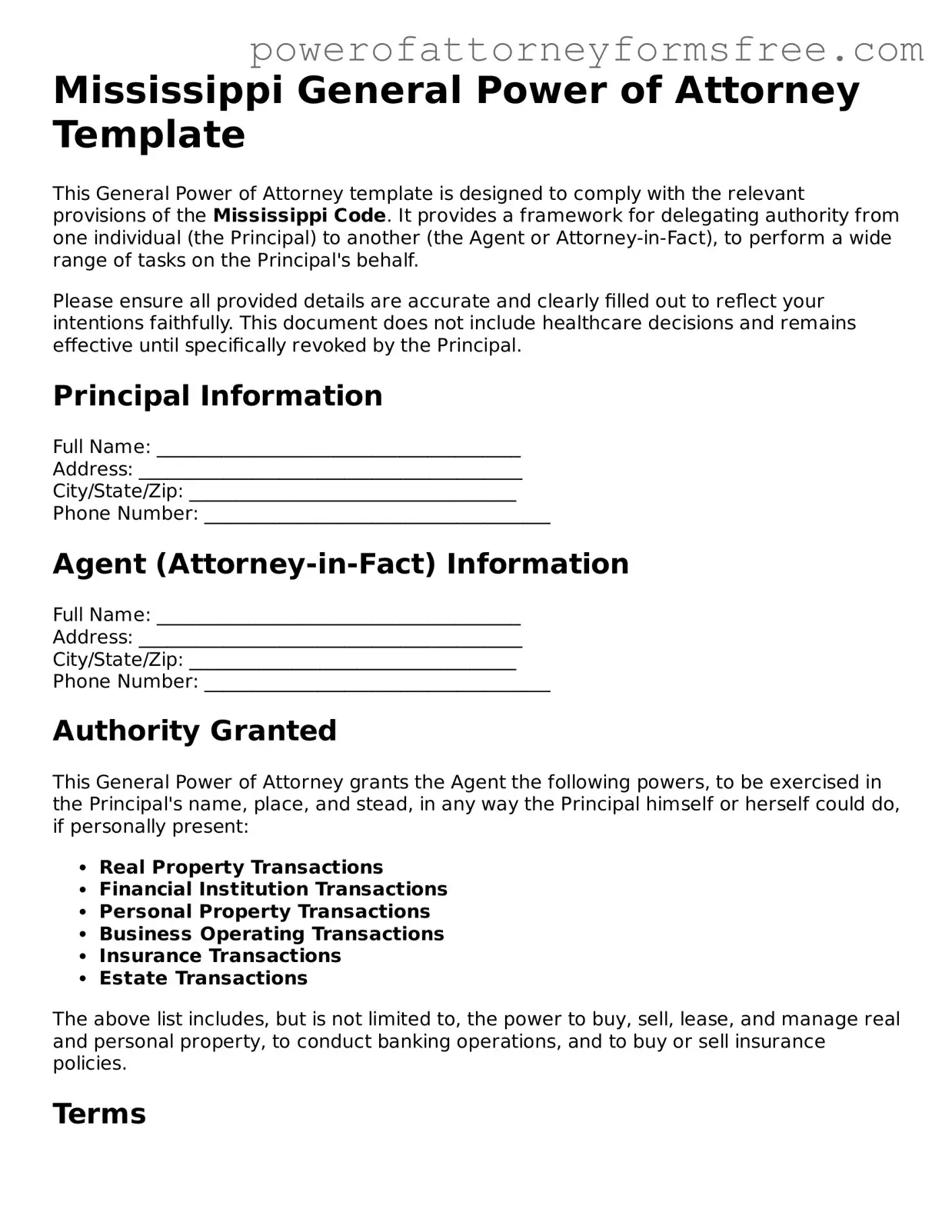 Fillable General Power of Attorney Document for Mississippi State