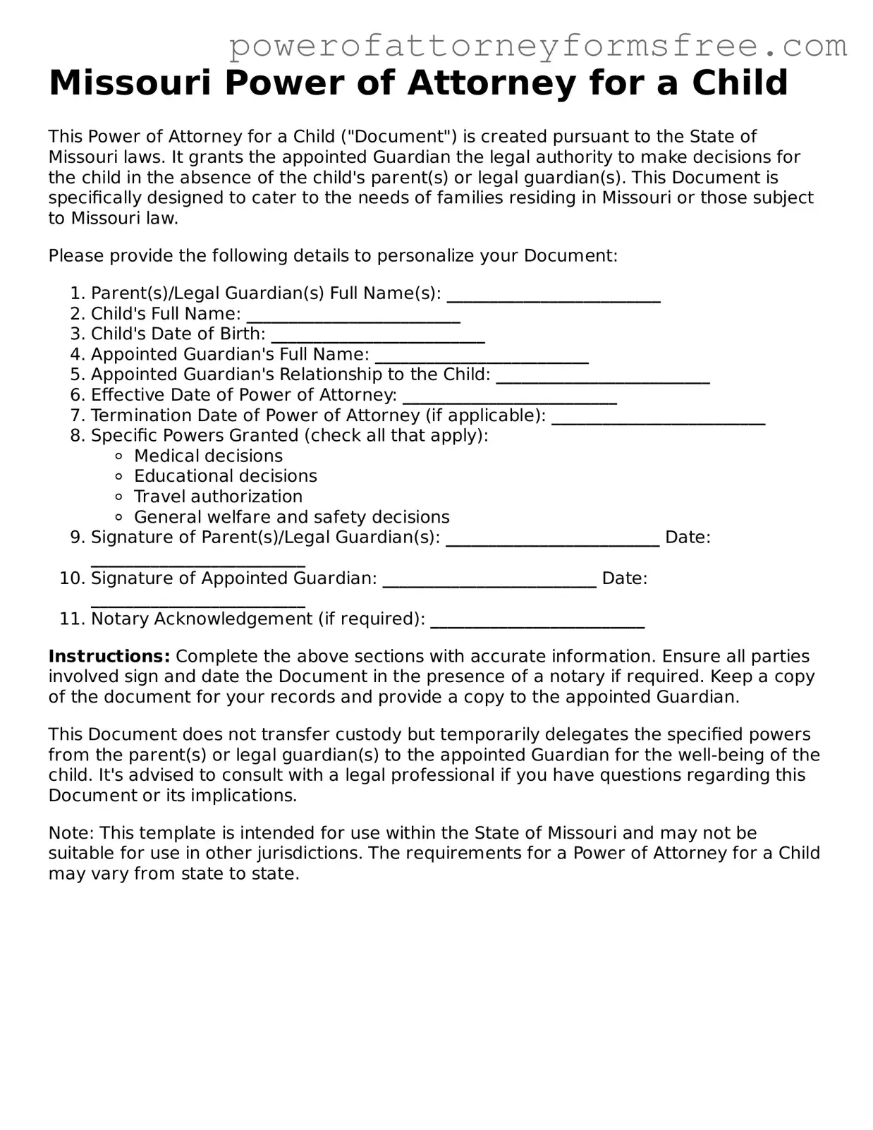 Fillable Power of Attorney for a Child Document for Missouri State