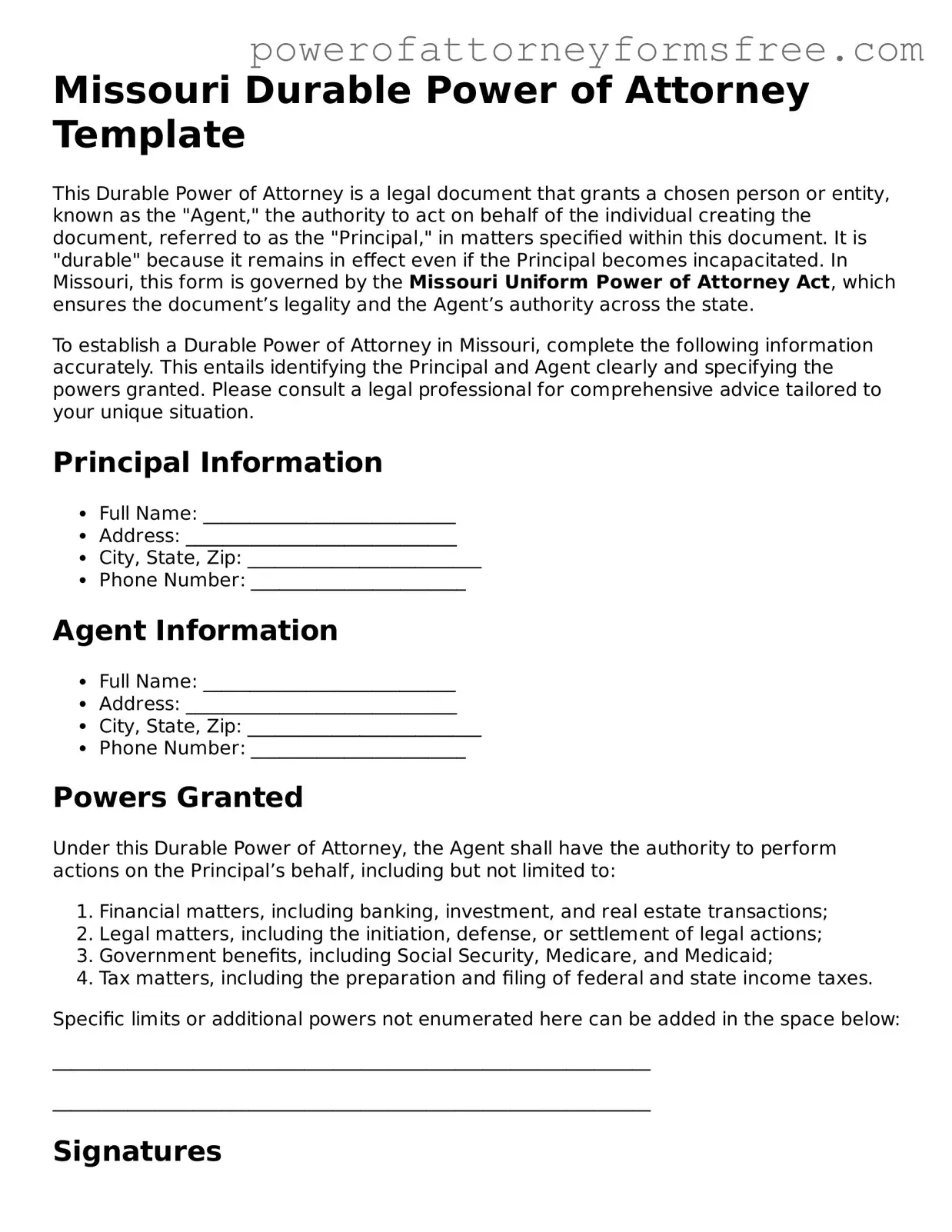 Fillable Durable Power of Attorney Document for Missouri State