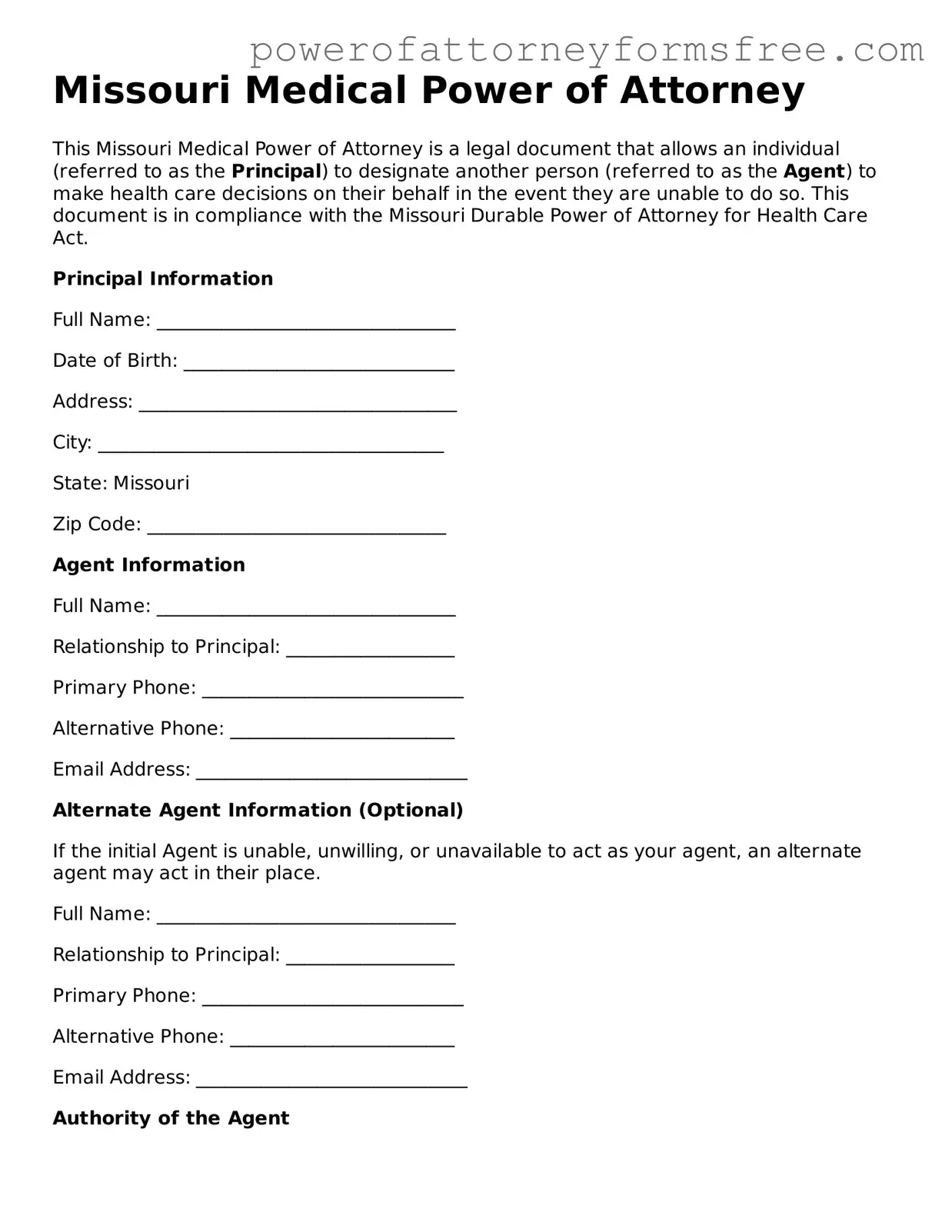 Fillable Medical Power of Attorney Document for Missouri State