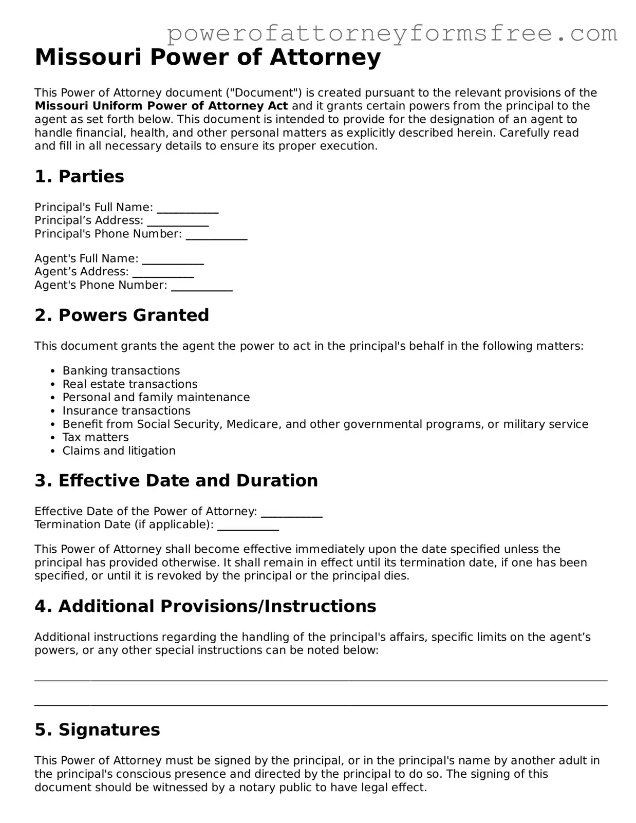 Fillable Power of Attorney Document for Missouri State