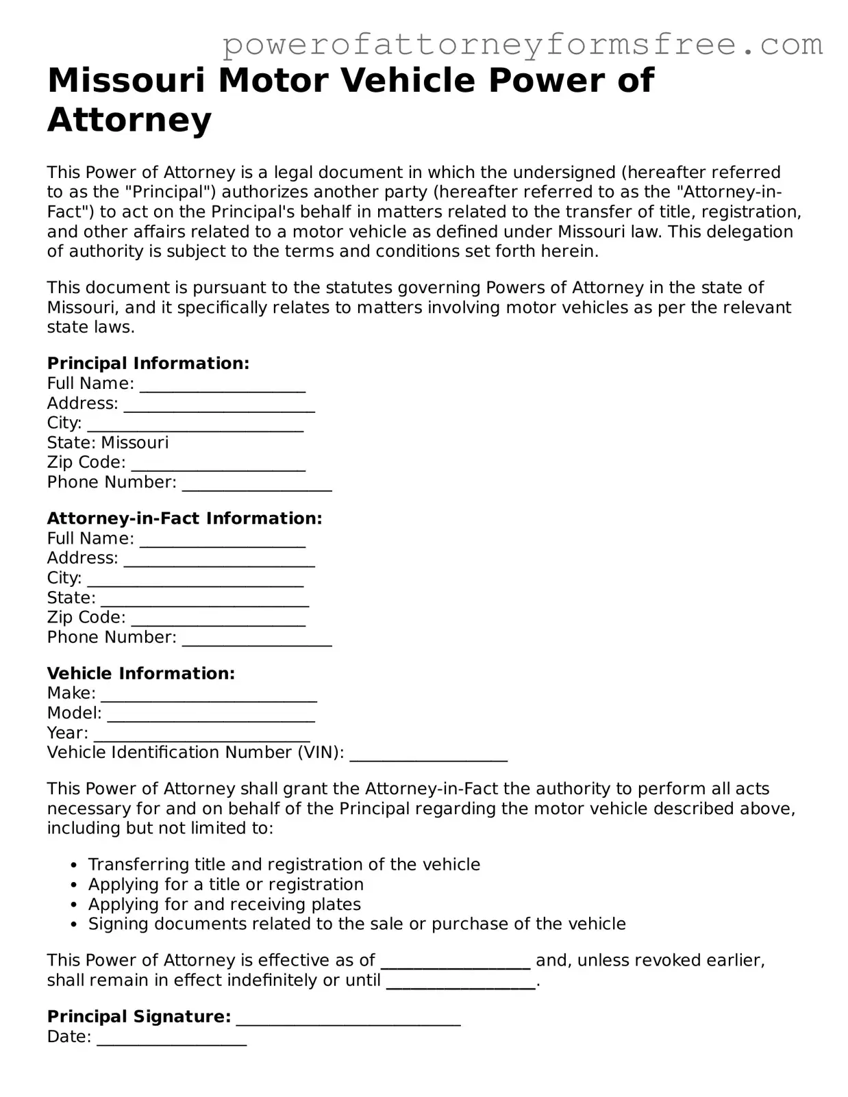 Fillable Motor Vehicle Power of Attorney Document for Missouri State