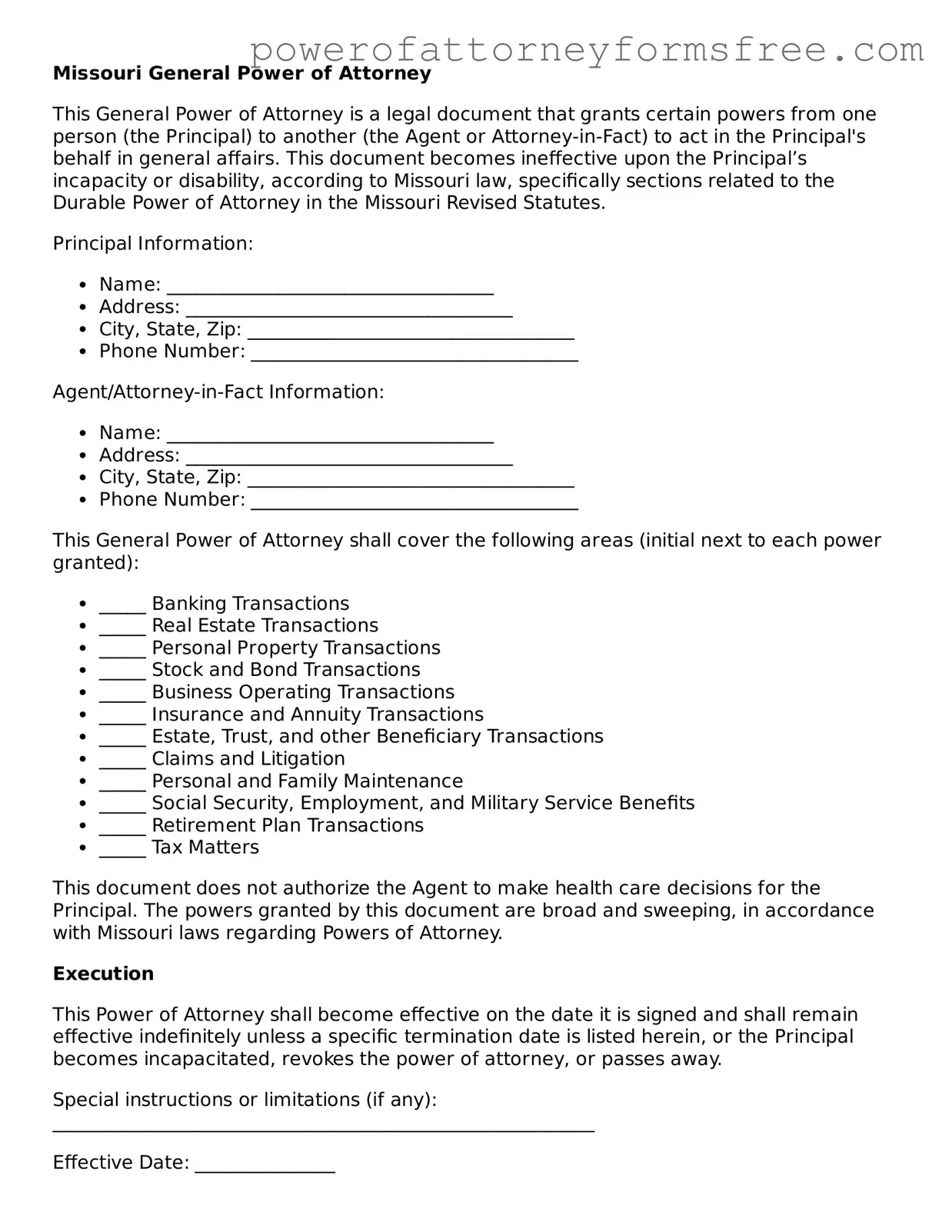 Fillable General Power of Attorney Document for Missouri State