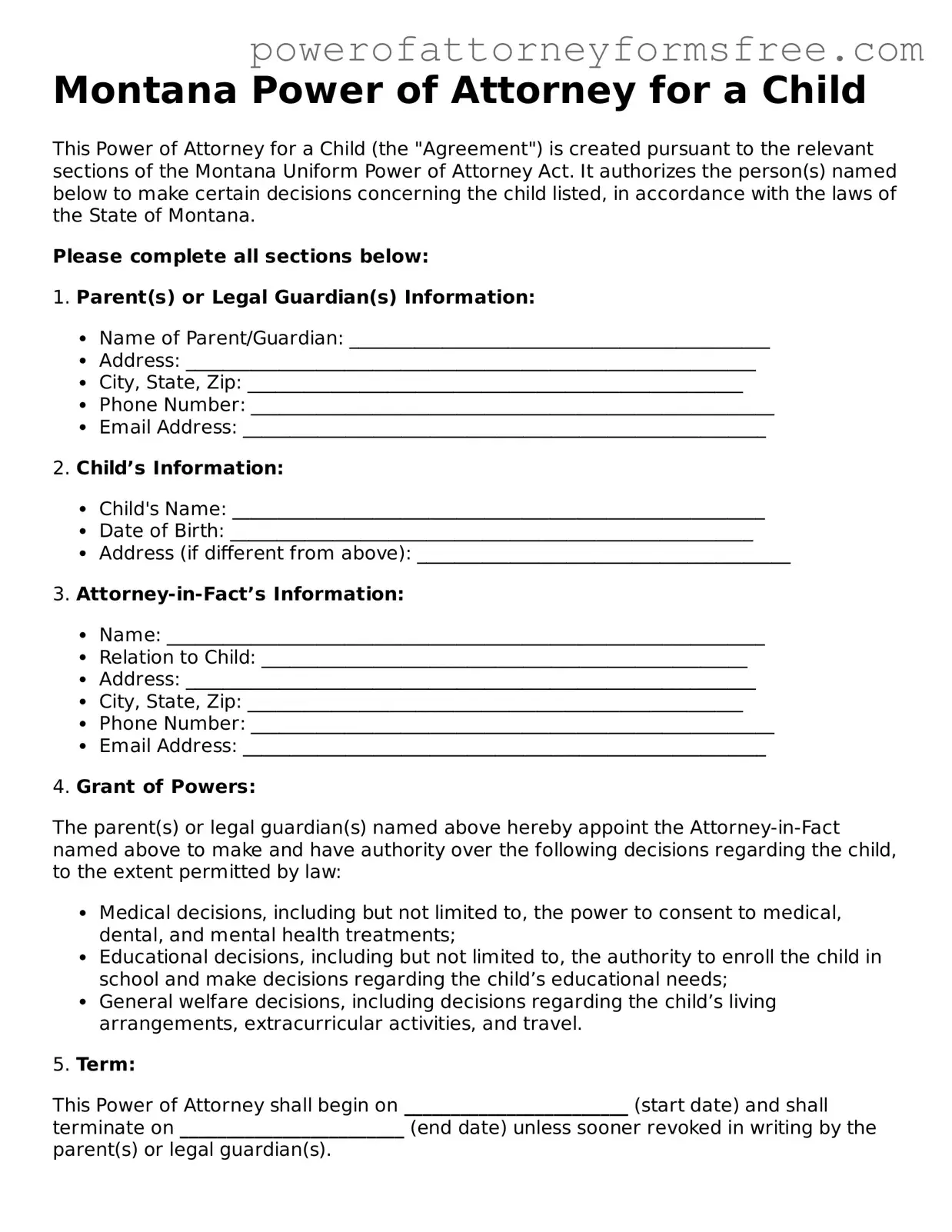 Fillable Power of Attorney for a Child Document for Montana State
