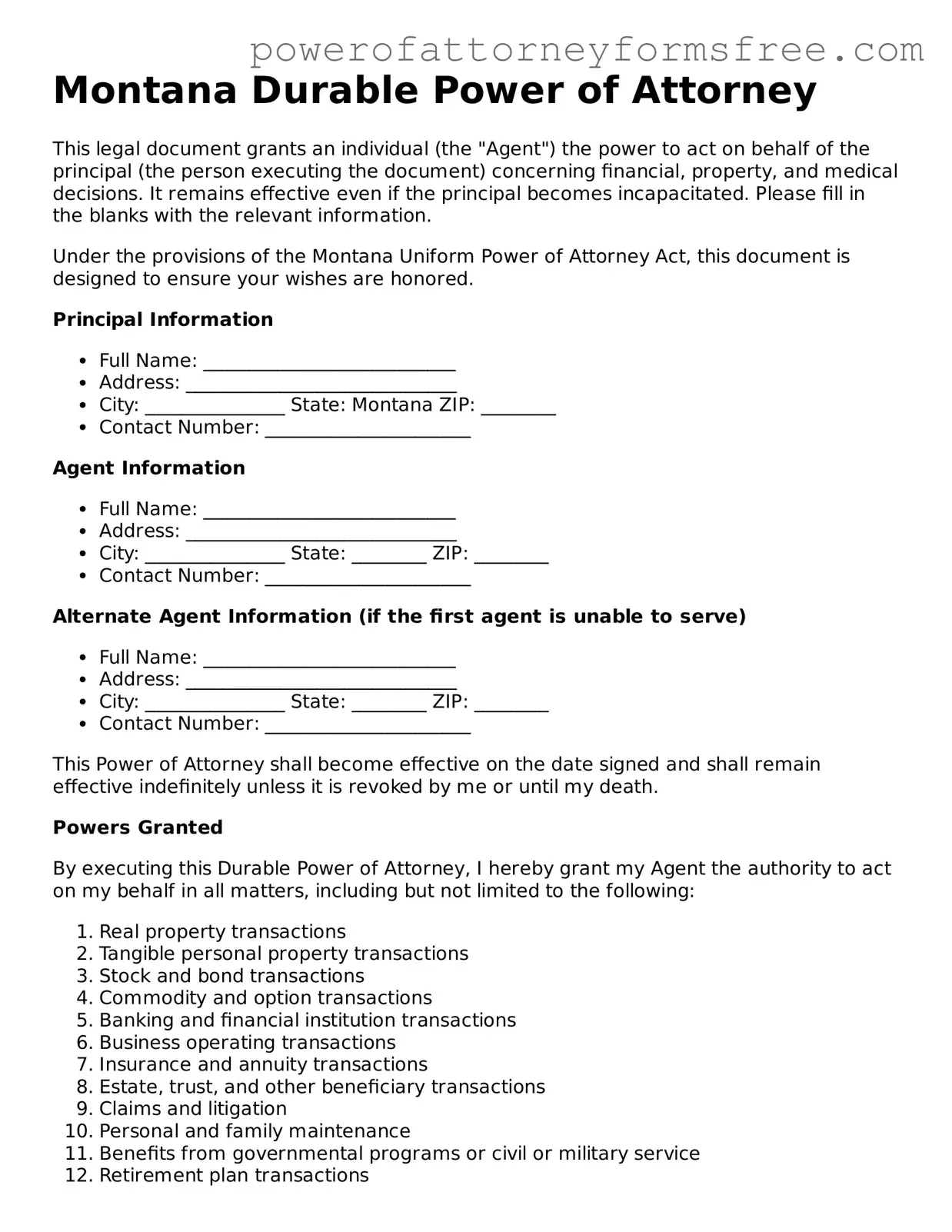 Fillable Durable Power of Attorney Document for Montana State