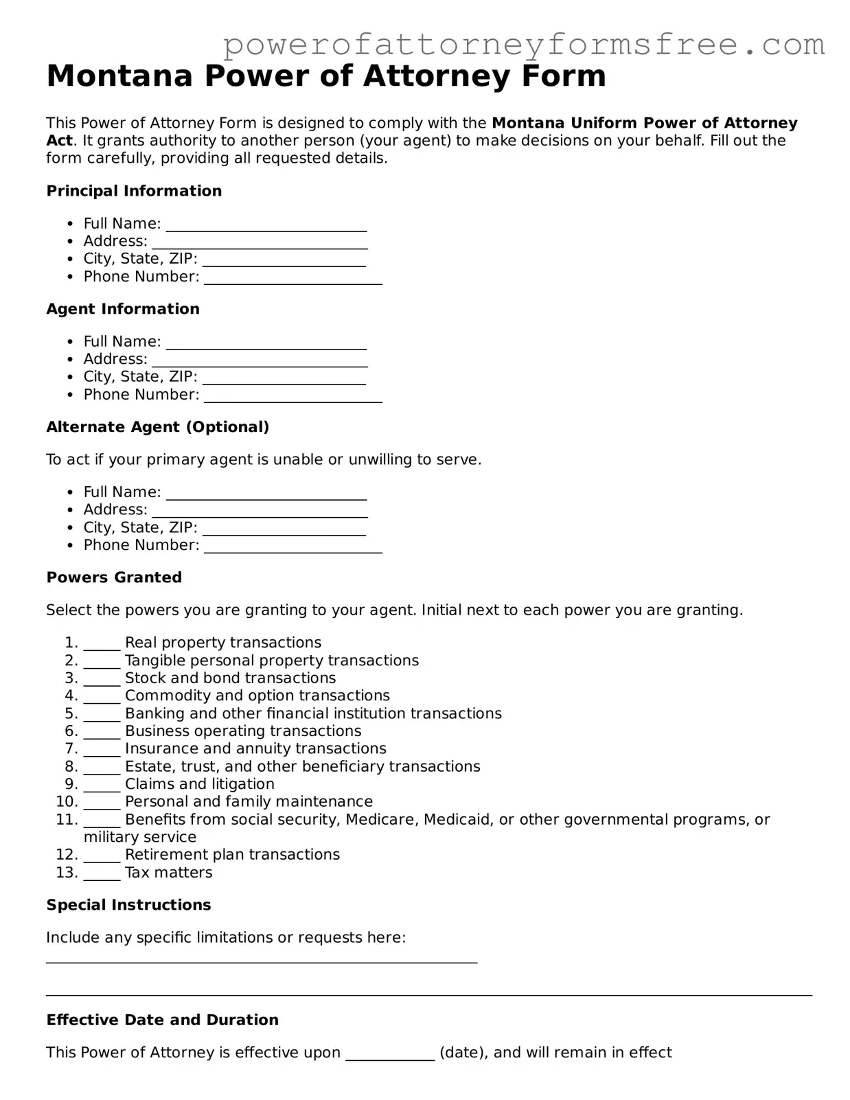 Fillable Power of Attorney Document for Montana State