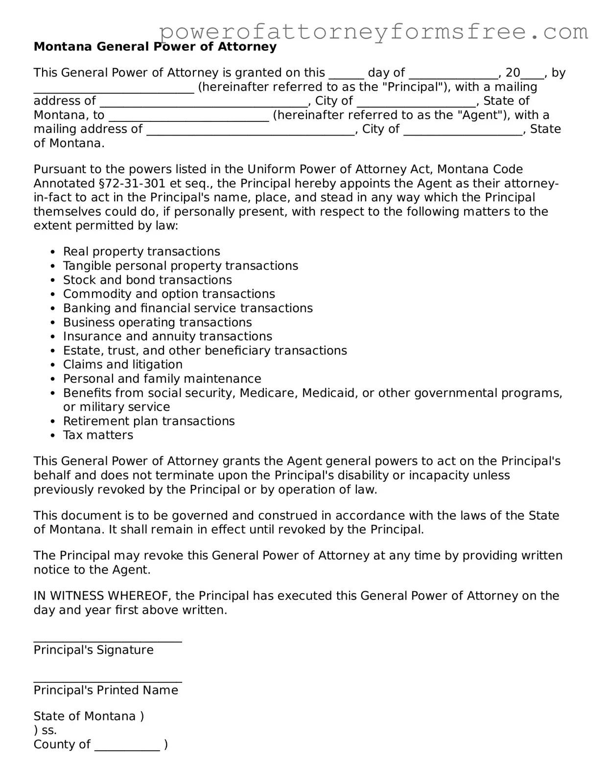 Fillable General Power of Attorney Document for Montana State