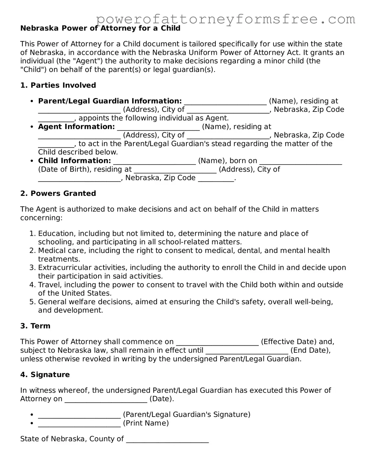 Fillable Power of Attorney for a Child Document for Nebraska State