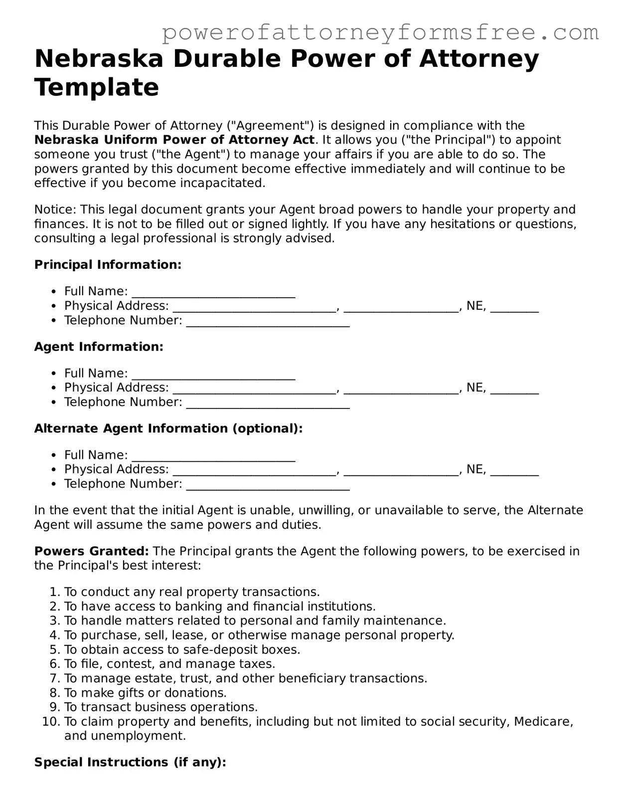 Fillable Durable Power of Attorney Document for Nebraska State