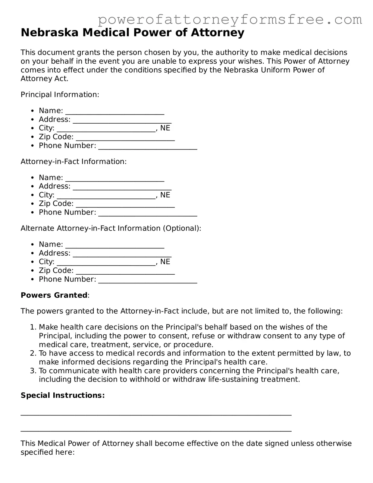 Fillable Medical Power of Attorney Document for Nebraska State