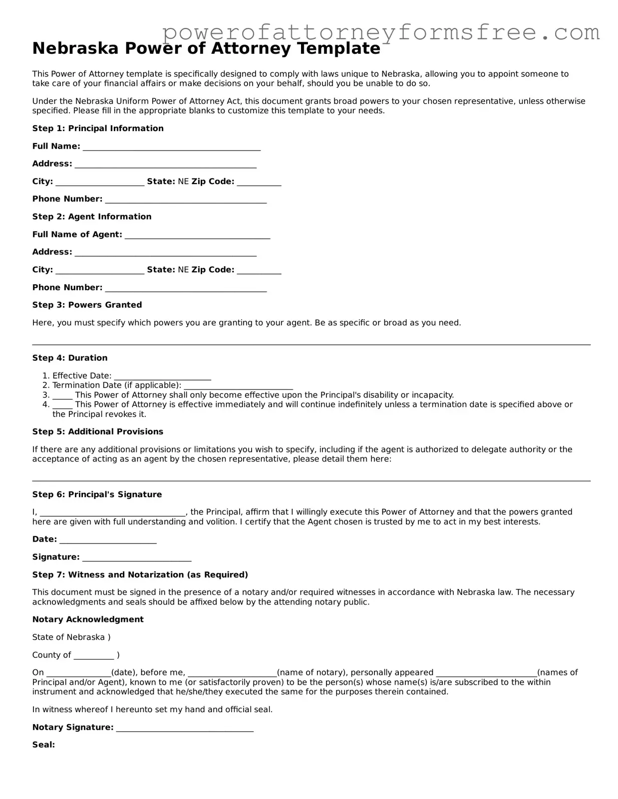 Fillable Power of Attorney Document for Nebraska State