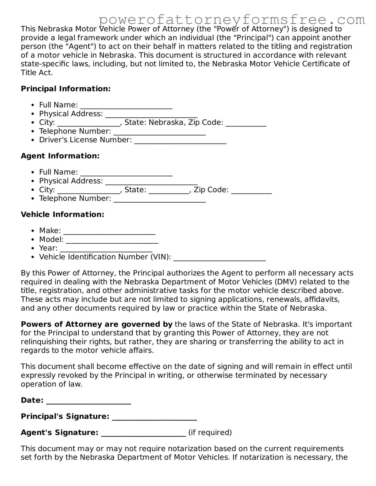 Fillable Motor Vehicle Power of Attorney Document for Nebraska State