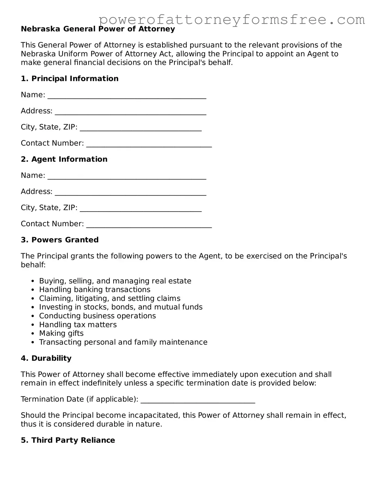 Fillable General Power of Attorney Document for Nebraska State