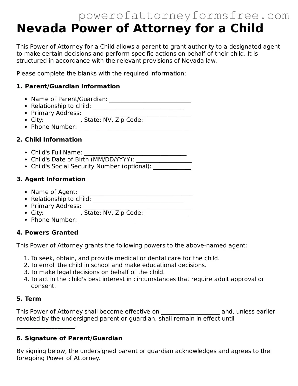 Fillable Power of Attorney for a Child Document for Nevada State
